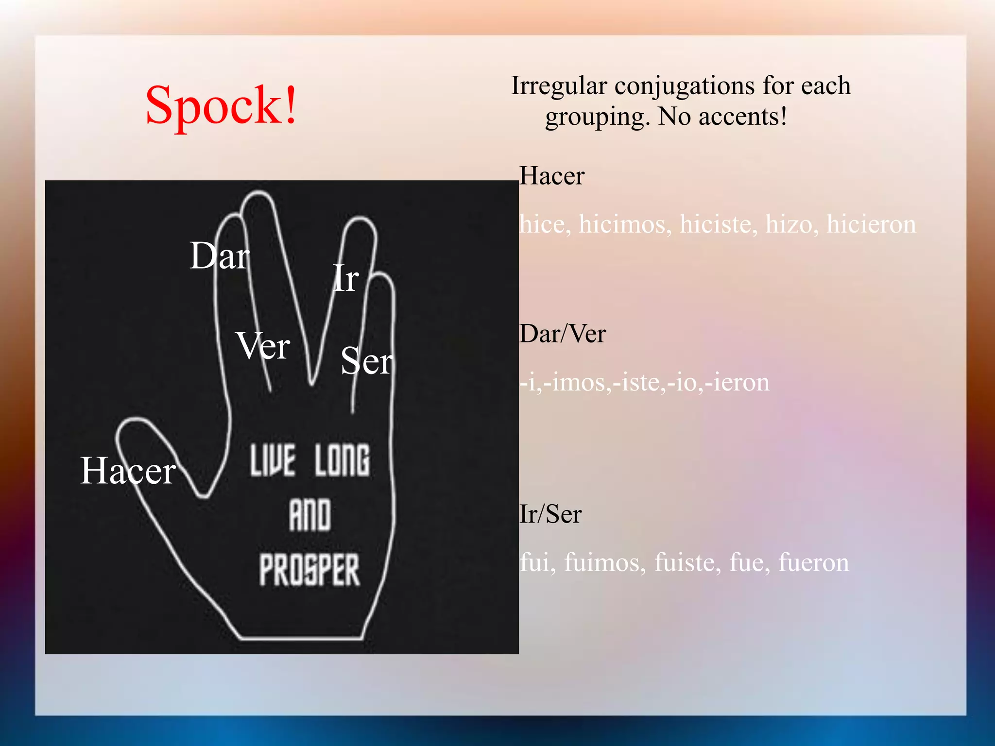 Irregular conjugations for each
   Spock!                 grouping. No accents!

                      Hacer
                      hice, hicimos, hiciste, hizo, hicieron
        Dar
                Ir
                      Dar/Ver
          Ver   Ser   -i,-imos,-iste,-io,-ieron


Hacer
                      Ir/Ser
                      fui, fuimos, fuiste, fue, fueron
 