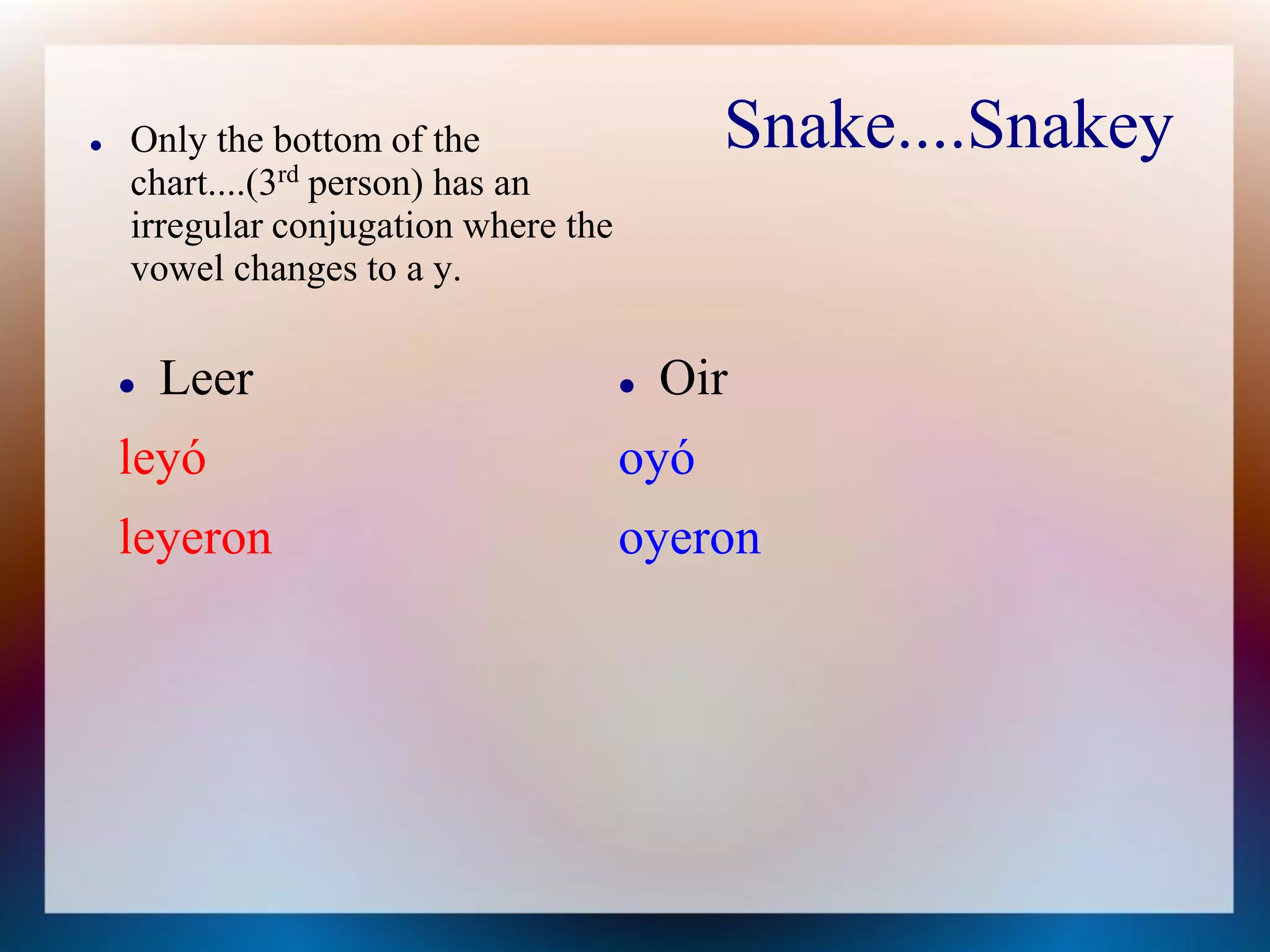    Only the bottom of the                  Snake....Snakey
    chart....(3rd person) has an
    irregular conjugation where the
    vowel changes to a y.

       Leer                             Oir
    leyó                              oyó
    leyeron                           oyeron
 