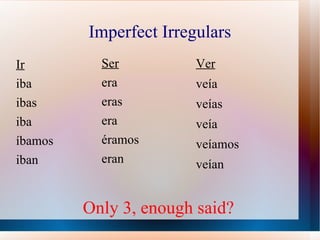 Imperfect Irregulars Ir iba ibas iba íbamos iban Ser era eras era éramos eran Ver veía veías veía veíamos veían Only 3, enough said? 