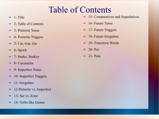 Table of Contents 1- Title 2- Table of Contents 3- Preterite Tense 4- Preterite Triggers 5- Car, Gar, Zar 6- Spock  7- Snake, Snakey 8- Cucuracha  9- Imperfect Tense 10- Imperfect Triggers 11- Irregulars 12-Preterite vs. Imperfect 13- Ser vs. Estar 14- Verbs like Gustar 15- Comparatives and Superlatives 16- Future Tense 17- Future Triggers 18- Future Irregulars 19- Transition Words 20- Por 21- Para 