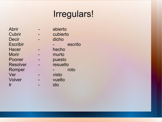 Irregulars! Abrir - abierto Cubrir - cubierto Decir - dicho Escribir - escrito Hacer - hecho Morir - murto Pooner - puesto Resolver - resuelto Romper - roto Ver - visto Volver - vuelto Ir - ido 