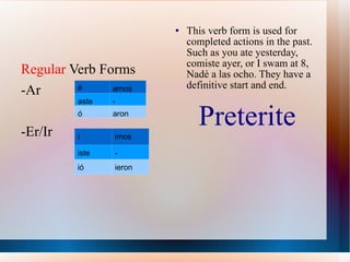 Preterite This verb form is used for completed actions in the past. Such as you ate yesterday, comiste ayer, or I swam at 8, Na d é a las ocho. They have a definitive start and end.  Regular  Verb Forms -Ar -Er/Ir é amos aste - ó aron í imos iste - i ó ieron 