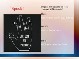 Spock! Irregular conjugations for each grouping. No accents! Hacer Dar Ir Ser Ver Dar/Ver -i,-imos,-iste,-io,-ieron Hacer hice, hicimos, hiciste, hizo, hicieron Ir/Ser fui, fuimos, fuiste, fue, fueron 