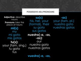 POSSESSIVE ADJ/PRONOUNS

 Adjectives describe    su(s)          -as)
        nouns
  Pronouns take the
                   his, her, your your (fam. pl.)
    place of nouns(formal), their  vuestro gato
      mi(s)           su gato     vuestras gatos
       my            sus gatos
    mi gato      nuestro(-a, -os,
   mis gatos            -as):
      tu(s):             our
your (fam. sing.) nuestro gato
    tu gato       nuestras gatos
       tus
                 vuestro(-a, -os,
 