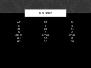 EL PRESENTE


 AR       ER          IR
 o        o            o
 as       es          es
 a        e            e
amos     emos        imos
 áis      éis          ís
 an       en          en
 