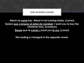 SUBJ IN NOUN CLAUSES


   Alena no corre hoy. Alena is not running today. (correr)
Quiero que compres el arbol de navidad. I want you to buy the
                 christmas tree. (comprar)
        Deseo que te corres. I want you to run. (correr)

        The ending is changed to the opposite vowel.
 