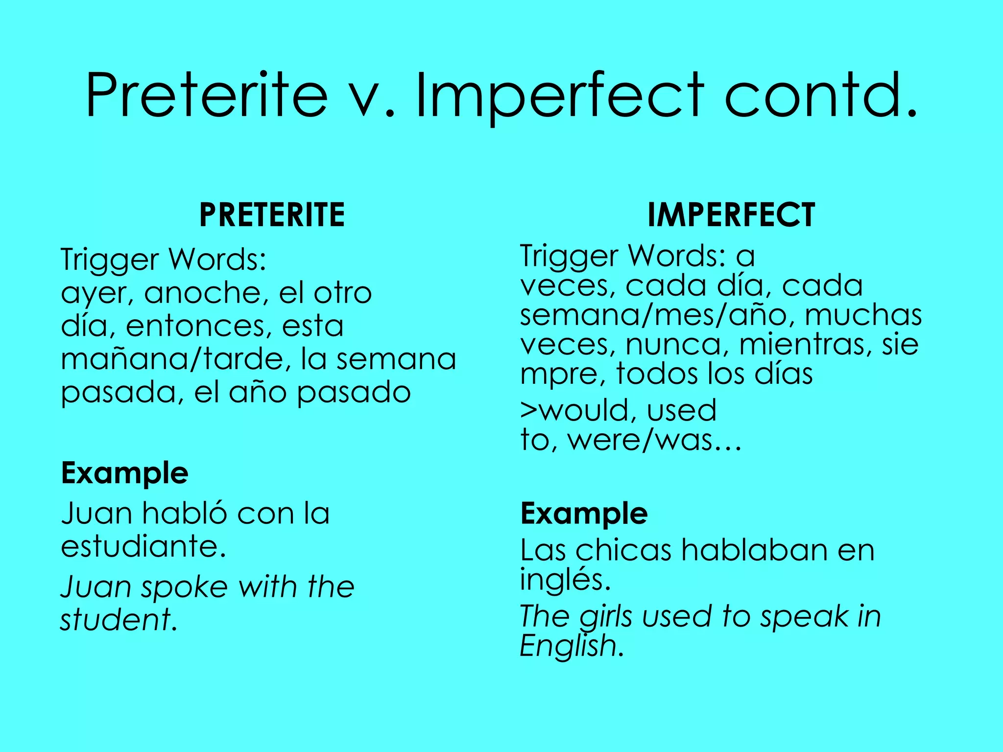 Preterite v. Imperfect contd.
        PRETERITE                  IMPERFECT
Trigger Words:            Trigger Words: a
ayer, anoche, el otro     veces, cada día, cada
día, entonces, esta       semana/mes/año, muchas
mañana/tarde, la semana   veces, nunca, mientras, sie
                          mpre, todos los días
pasada, el año pasado
                          >would, used
                          to, were/was…
Example
Juan habló con la         Example
estudiante.               Las chicas hablaban en
Juan spoke with the       inglés.
student.                  The girls used to speak in
                          English.
 