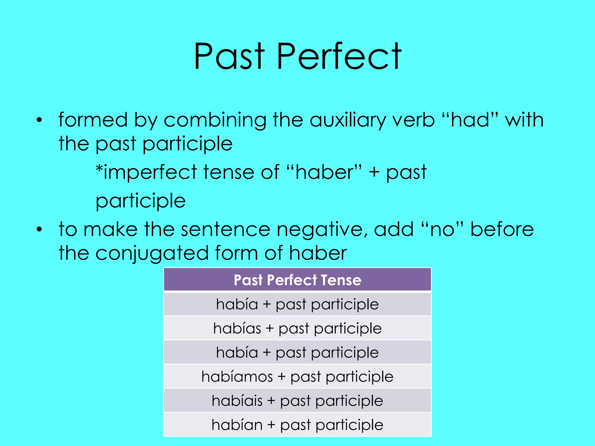 Past Perfect
• formed by combining the auxiliary verb “had” with
  the past participle
      *imperfect tense of “haber” + past
      participle
• to make the sentence negative, add “no” before
  the conjugated form of haber
                    Past Perfect Tense
                  había + past participle
                 habías + past participle
                  había + past participle
                habíamos + past participle
                 habíais + past participle
                 habían + past participle
 
