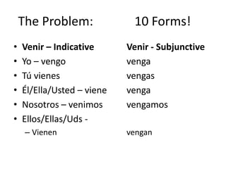 The Problem:             10 Forms!
•   Venir – Indicative      Venir - Subjunctive
•   Yo – vengo              venga
•   Tú vienes               vengas
•   Él/Ella/Usted – viene   venga
•   Nosotros – venimos      vengamos
•   Ellos/Ellas/Uds -
     – Vienen               vengan
 