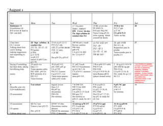 `August 8


 Sun                     Mon                   Tue                    Wed                      Thu                    Fri                     Sat
 Hablemos= $                                                          17 Syllabus              18 Bk covers due       19 Rvw hw               20
 Escuchemos=@                                                         Books, conduct           P9 ASD,TA              P15-17 ppt
 R/h review & hand in                                                 HW Cover bk-due          P10 asd, #8@,NC        p.27 #4
 Od= oral drill                                                       Th; Sign syllabus &      Tarea-Using p9-10,     CG p5-6 9-11
                                                                      conduct-due Fri          write a parag. About   Tarea- no hay
                                                                                               yourself & family

 Class intro             22 Sign syllabus &    23 rh ca p.8 12-13     24P 40 asd y vocab       25 P41 ASD ppt         26 p41 #10$             27
 Ch 1 review             conduct due           P35 Ch 2 obj           Review sentirse          P41 #9@                P41 #11, rh
 Talking about how       P17 TA, CG p7 #13     p36-37-listen online   P40 #6@                                         Repasemos para la
 you're feeling;                                                      p40 #7$                  P41 #10 $
                         P21gustar             P38 1-5 oral                                                           prueba.
 making suggestions      p.26@                                        CA p14 3-4, RH           Ca p15 #5, rh          Tarea-estudia para la
                                               p.39 NC
 and responding to       p.21 #27$                                    hw CA p16 #7             Hw-no hay              prueba 2-1
 them                    ca p8 #12             Hw-p39 TA, p39 #5
                         tarea-CA p8#13,lee
                         p22 NC
 Saying if something     29 quick rvw          30 rh p42 #12          31 p42 Vocab             1 Rvw p44 #15 verbs    2 rh cg p13-14 8-10     *un párrafo sobre
                                                                                                                                              lo que hiciste cada
 has been done; asking   Quiz 2-1              p42 ASD, p43 gr        P43 #13 Escuchemos       P44 #15,rh             p46 ASD & ng ppt        día de la semana
 for/offering help.      Toma apuntes sobre    CA p17#9               cg p12 #6-7, rh          P44 #16$               P46 #21@                pasada. Debes
                         P42 ASD , p43 Gr,     P42 #12 Leamos         CA p18 #11, numeros      CG p13-14 8-10, rh     CA p19 12-14, rh        tener 7 frases
                                                                                                                                              mínimo. Cada frase
 assess                  R39–preterite of ir   Cg p14 #11, rvw        inpares                  tarea-Repasa pR14      Hw- study for qz 2-2    debe contener una
                         P42 #12               Tarea-toma apuntes     tarea-p43 #14            (places around town)   SG 2-2                  palabra del
                         Tarea-termina         sobre p.42 vocab.                                                                              vocabulario y un
                                                                                                                                              verbo en el
                                                                                                                                              pretérito.
 4                       5 no school           6quick review          7 rh P48 #24             8 rh ca p20-21         9 p51 NC ppt            10
 Describe your city                            Quiz 2-2               P49 TA & ASD             P50 vocab              P58 1-4
 (LD=lee&discute)                              Rd p47 pc,             p49 #25@                 Ca p22 17-18, rh       p 60 1-5
                                               discutemos             CA p20-21 15-16,rh       P51 #30$               hw-termina
 Ch assessment                                 P48 #24                RH quiz 2-2              Hw-CG p17 17-18 ,
                                               Hw-termina             Hw-termina ca            lee p51 nc study for
                                                                      p20-21, study for ch 2   ch 2 tst
                                                                      tst
 Ch assessment           12 Ch 2 test          13 P67 #3 objs         14 entrega p70 3-5       15 p72 Gr ppt          16 rh cg p20 #6         17
                         Vamos a leer p52-53   Discutimos routine     P71 Vocab ppt            P73 #8 wd/od           P73 ASD
 Ch opener                                     phrases                CG p18 3, rh             Cg p19 4-5             Ca p28 8-9 rh
                         Hw- p52 D             P68-69 De antemano     P71 #6 $                 Ca p27 #7,             P73 pR14
 Talking about your                            P70 1-2 discusión,     CA p26-27 3-6, rh        CA p29 #11, rh         P73 #9 $
 