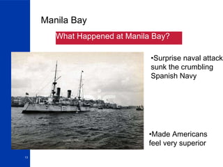 Manila Bay What Happened at Manila Bay? Surprise naval attack sunk the crumbling Spanish Navy Made Americans feel very superior 