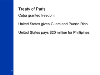 Treaty of Paris Cuba granted freedom United States given Guam and Puerto Rico United States pays $20 million for Phillipines 