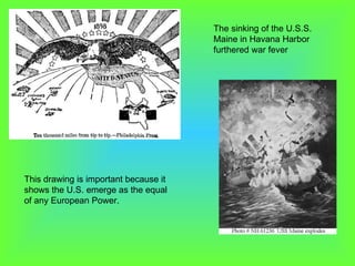 This drawing is important because it shows the U.S. emerge as the equal of any European Power. The sinking of the U.S.S. Maine in Havana Harbor furthered war fever 