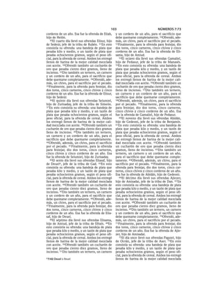 103                                 NÚMEROS 7:73
corderos de un año. Esa fue la ofrenda de Eliab,     y un cordero de un año, para el sacrificio que
hijo de Helón.                                       debe quemarse completamente. 52Ofrendó, ade-
   30El cuarto día llevó sus ofrendas Elisur, hijo   más, un chivo, para el sacrificio por el pecado.
de Sedeúr, jefe de la tribu de Rubén. 31En esto      53Finalmente, para la ofrenda para festejar, dio
consistía su ofrenda: una bandeja de plata que       dos toros, cinco carneros, cinco chivos y cinco
pesaba kilo y medio, y un tazón de plata que         corderos de un año. Esa fue la ofrenda de Eli-
pesaba ochocientos gramos, según el peso ofi-        sama, hijo de Amiud.
cial, para la ofrenda de cereal. Ambos los entregó      54El octavo día llevó sus ofrendas Gamaliel,
llenos de harina de la mejor calidad mezclada        hijo de Pedasur, jefe de la tribu de Manasés.
con aceite. 32Ofrendó también un cucharón de         55En esto consistía su ofrenda: una bandeja de
oro que pesaba ciento diez gramos, lleno de          plata que pesaba kilo y medio, y un tazón de
incienso. 33Dio también un ternero, un carnero       plata que pesaba ochocientos gramos, según el
y un cordero de un año, para el sacrificio que       peso oficial, para la ofrenda de cereal. Ambos
debe quemarse completamente. 34Ofrendó, ade-         los entregó llenos de harina de la mejor cali-
más, un chivo, para el sacrificio por el pecado.     dad mezclada con aceite. 56Ofrendó también un
35Finalmente, para la ofrenda para festejar, dio     cucharón de oro que pesaba ciento diez gramos,
dos toros, cinco carneros, cinco chivos y cinco      lleno de incienso. 57Dio también un ternero,
corderos de un año. Esa fue la ofrenda de Elisur,    un carnero y un cordero de un año, para el
hijo de Sedeúr.                                      sacrificio que debe quemarse completamente.
   36El quinto día llevó sus ofrendas Selumiel,      58Ofrendó, además, un chivo, para el sacrificio
hijo de Zurisaday, jefe de la tribu de Simeón.       por el pecado. 59Finalmente, para la ofrenda
37 En esto consistía su ofrenda: una bandeja de      para festejar, dio dos toros, cinco carneros,
plata que pesaba kilo y medio, y un tazón de         cinco chivos y cinco corderos de un año. Esa
plata que pesaba ochocientos gramos, según el        fue la ofrenda de Gamaliel, hijo de Pedasur.
peso oficial, para la ofrenda de cereal. Ambos          60El noveno día llevó sus ofrendas Abidán,
los entregó llenos de harina de la mejor cali-       hijo de Gedeoni, jefe de la tribu de Benjamín.
dad mezclada con aceite. 38Ofrendó también un        61En esto consistía su ofrenda: una bandeja de
cucharón de oro que pesaba ciento diez gramos        plata que pesaba kilo y medio, y un tazón de
lleno de incienso. 39Dio también un ternero,         plata que pesaba ochocientos gramos, según el
un carnero y un cordero de un año, para el           peso oficial, para la ofrenda de cereal. Ambos
sacrificio que debe quemarse completamente.          los entregó llenos de harina de la mejor cali-
40Ofrendó, además, un chivo, para el sacrificio      dad mezclada con aceite. 62Ofrendó también
por el pecado. 41Finalmente, para la ofrenda         un cucharón de oro que pesaba ciento diez
para festejar, dio dos toros, cinco carneros,        gramos, lleno de incienso. 63Dio también un
cinco chivos y cinco corderos de un año. Esa         ternero, un carnero y un cordero de un año,
fue la ofrenda de Selumiel, hijo de Zurisaday.       para el sacrificio que debe quemarse comple-
   42El sexto día llevó sus ofrendas Eliasaf, hijo   tamente. 64Ofrendó, además, un chivo, para el
de Deuela, jefe de la tribu de Gad. 43En esto        sacrificio por el pecado. 65Finalmente, para la
consistía su ofrenda: una bandeja de plata que       ofrenda para festejar, dio dos toros, cinco car-
pesaba kilo y medio, y un tazón de plata que         neros, cinco chivos y cinco corderos de un año.
pesaba ochocientos gramos, según el peso ofi-        Esa fue la ofrenda de Abidán, hijo de Gedeoni.
cial, para la ofrenda de cereal. Ambos los entregó      66El décimo día llevó sus ofrendas Ajiezer,
llenos de harina de la mejor calidad mezclada        hijo de Amisadai, jefe de la tribu de Dan. 67 En
con aceite. 44Ofrendó también un cucharón de         esto consistía su ofrenda: una bandeja de plata
oro que pesaba ciento diez gramos, lleno de          que pesaba kilo y medio, y un tazón de plata que
incienso. 45Dio también un ternero, un carnero       pesaba ochocientos gramos, según el peso ofi-
y un cordero de un año, para el sacrificio que       cial, para la ofrenda de cereal. Ambos los entregó
debe quemarse completamente. 46Ofrendó, ade-         llenos de harina de la mejor calidad mezclada
más, un chivo, para el sacrificio por el pecado.     con aceite. 68Ofrendó también un cucharón de
47Finalmente, para la ofrenda para festejar, dio     oro que pesaba ciento diez gramos, lleno de
dos toros, cinco carneros, cinco chivos y cinco      incienso. 69Dio también un ternero, un carnero
corderos de un año. Esa fue la ofrenda de Elia-      y un cordero de un año, para el sacrificio que
saf, hijo de Deuel.                                  debe quemarse completamente. 70Ofrendó, ade-
   48El séptimo día llevó sus ofrendas Elisama,      más, un chivo, para el sacrificio por el pecado.
hijo de Amiud, jefe de la tribu de Efraín. 49En      71Finalmente, para la ofrenda para festejar, dio
esto consistía su ofrenda: una bandeja de plata      dos toros, cinco carneros, cinco chivos y cinco
que pesaba kilo y medio, y un tazón de plata que     corderos de un año. Esa fue la ofrenda de Ajie-
pesaba ochocientos gramos, según el peso ofi-        zer, hijo de Amisadai.
cial, para la ofrenda de cereal. Ambos los entregó      72El día once llevó sus ofrendas Paguiel, hijo
llenos de harina de la mejor calidad mezclada        de Ocrán, jefe de la tribu de Aser. 73En esto
con aceite. 50Ofrendó también un cucharón de         consistía su ofrenda: una bandeja de plata que
oro que pesaba ciento diez gramos, lleno de          pesaba kilo y medio, y un tazón de plata que
incienso. 51Dio también un ternero, un carnero       pesaba ochocientos gramos, según el peso ofi-
                                                     cial, para la ofrenda de cereal. Ambos los entregó
a 7:42 Deuel o Reuel.                                llenos de harina de la mejor calidad mezclada
 