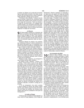 105                               NÚMEROS 10:10
a realizar sus labores en la carpa del encuentro      Testimonio*. Desde el atardecer se empezaba a
bajo la supervisión de Aarón y sus hijos. Lo que      ver algo como una especie de fuego que duraba
se hizo con los levitas fue tal y como el SEÑOR le    hasta el amanecer. 16Siempre era así, durante el
había ordenado a Moisés que se hiciera.               día la nube cubría la carpa; durante la noche se
   23El SEÑOR le dijo a Moisés: 24«Esta es una ley    veía como fuego. 17Cuando la nube que cubría
para los levitas: a partir de los veinticinco años    la carpa se levantaba, entonces los israelitas se
de edad todo hombre levita entrará al servicio        ponían en marcha; y donde la nube se detenía,
de la carpa del encuentro, 25pero se retirará a       allí acampaban. 18A la señal del SEÑOR los israe-
la edad de cincuenta años y no trabajará más;         litas se ponían en marcha y a la señal del SEÑOR
26podrá ayudar a sus hermanos haciendo guar-          acampaban. Ellos acampaban todo el tiempo que
dia en la carpa del encuentro, pero no hará nin-      la nube estuviera sobre la Carpa Sagrada. 19Aun-
gún trabajo pesado. Esa es la forma como debes        que la nube se detuviera sobre la Carpa Sagrada
organizar el trabajo de los levitas».                 por varios días, los israelitas obedecían el man-
                                                      dato del SEÑOR y no se movían de ahí. 20Igual
                   La Pascua                          sucedía cuando la nube estaba sobre la Carpa

9   1El  SEÑOR habló a Moisés en el desierto del
    Sinaí en el primer mes del segundo año des-
pués de salir de Egipto. Él dijo: 2«Los israelitas
                                                      Sagrada sólo unos pocos días; a una señal del
                                                      SEÑOR ellos acampaban y a una señal del SEÑOR
                                                      se ponían en marcha. 21A veces la nube estaba
deben celebrar la Pascua* en la fecha determi-        sobre la carpa sólo desde el atardecer hasta el
nada, 3que es al atardecer del día catorce de este    amanecer y se movía en la mañana, entonces
mes. La celebrarán siguiendo todas sus leyes y        ellos se ponían en marcha. Fuera de día o de
normas».                                              noche, cuando la nube se levantaba, ellos se
   4Entonces Moisés les ordenó a los israelitas       ponían en marcha. 22Aunque la nube permane-
que celebraran la Pascua 5 y ellos la celebraron el   ciera sobre la Carpa Sagrada un día, un mes o
día catorce del primer mes. La celebraron en el       un año, los israelitas acampaban y no se movían
desierto del Sinaí al atardecer, cumpliendo todo      de ahí, pero cuando la nube se movía, ellos se
lo que el SEÑOR le había ordenado a Moisés.           movían también. 23A una señal del SEÑOR ellos
   6Pero había algunos que estaban impuros*           acampaban y a una señal del SEÑOR se ponían en
por haber tocado un muerto y por eso no podían        marcha, obedeciendo las órdenes del SEÑOR, las
celebrar la Pascua ese día. Así que fueron a ver a    cuales el SEÑOR daba a través de Moisés.
Aarón y a Moisés 7y le dijeron a Moisés: «Esta-
mos impuros por haber tocado un muerto, ¿por                       Las trompetas de plata
qué se nos impide presentar la ofrenda para el
SEÑOR en el momento indicado como lo hacen
el resto de los israelitas?»
                                                      10     1El  SEÑOR le dijo a Moisés: 2«Haz dos
                                                              trompetas de plata martillada y úsalas
                                                      para convocar a la comunidad y para avisarle a
   8Moisés les dijo: «Esperen, yo averiguaré lo       los campamentos cuándo ponerse en marcha.
que el SEÑOR decide sobre ustedes».                   3Cuando se toquen ambas trompetas, toda la
   9El SEÑOR le dijo a Moisés: 10«Diles a los         comunidad se reunirá ante ti a la entrada de la
israelitas: “Puede darse el caso de que alguno        carpa del encuentro*. 4Pero si sólo suena una
de ustedes o de sus descendientes esté impuro         trompeta, entonces se reunirán contigo única-
por haber tocado un muerto o por estar de viaje       mente los jefes más importantes de Israel.
fuera del país. En ese caso, pueden celebrar la          5»Los sonidos cortos de las trompetas serán
Pascua del SEÑOR 11el día catorce del segundo         la señal para ponerse en marcha. Al toque de
mes, al atardecer. Deben comer el cordero de          los primeros sonidos cortos, los campamentos
Pascua con pan sin levadura y hierbas amargas.        del oriente se pondrán en marcha. 6Cuando se
12No deben dejar nada para la mañana siguiente,       toquen sonidos cortos por segunda vez, los cam-
ni romper ninguno de los huesos del cordero.          pamentos del sur se pondrán en marcha. Los
Cuando celebren la Pascua, lo harán respetando        sonidos cortos serán la señal para ponerse en
toda su reglamentación. 13Por otra parte, puede       marcha. 7 Pero cuando se quiera convocar a toda
darse el caso de que alguien esté puro* y no se       la comunidad, el sonido será diferente: se toca-
encuentre de viaje, pero se niegue a celebrar         rán sonidos largos, no se tocarán sonidos cortos.
la Pascua. Ese será separado de la comunidad*         8Los hijos de Aarón, los sacerdotes, serán los
porque no ofreció la ofrenda del SEÑOR en el          encargados de tocar las trompetas. Esta será
momento indicado y recibirá el castigo por su         una ley que siempre obedecerán todos ustedes
pecado.                                               y también las generaciones por venir.
   14»”Si un inmigrante vive entre ustedes               9»Cuando estén en su tierra y el enemigo los
y desea celebrar la Pascua del SEÑOR, podrá           ataque, ustedes tendrán que salir a pelear. En
hacerlo, pero deberá seguir las leyes de la Pas-      esas ocasiones toquen las trompetas y griten
cua con todas sus normas. Las normas serán            fuerte, así yo, el SEÑOR su Dios, les prestaré
iguales tanto para los ciudadanos como para los       atención y los salvaré de sus enemigos. 10Las
inmigrantes”».                                        trompetas también deberán tocarse en ocasio-
                                                      nes de alegría, como en los días de fiesta y en
               La nube y el fuego                     sus fiestas de Luna nueva*. También se toca-
  15Eldía en que se instaló la Carpa Sagrada*, la     rán cuando ofrezcan sus ofrendas que deben
nube cubrió la Carpa Sagrada, o sea la carpa del      quemarse completamente y sus ofrendas para
 