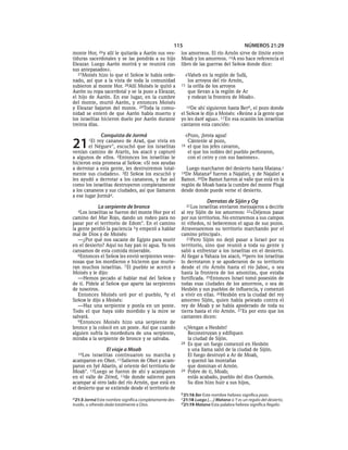 115                                     NÚMEROS 21:29
monte Hor,    26 yallí le quitarás a Aarón sus ves-     los amorreos. El río Arnón sirve de límite entre
tiduras sacerdotales y se las pondrás a su hijo         Moab y los amorreos. 14A eso hace referencia el
Eleazar. Luego Aarón morirá y se reunirá con            libro de las guerras del SEÑOR donde dice:
sus antepasados».
   27Moisés hizo lo que el SEÑOR le había orde-           «Vaheb en la región de Sufá,
nado, así que a la vista de toda la comunidad              los arroyos del río Arnón,
subieron al monte Hor. 28Allí Moisés le quitó a         15 la orilla de los arroyos
Aarón su ropa sacerdotal y se la puso a Eleazar,           que llevan a la región de Ar
el hijo de Aarón. En ese lugar, en la cumbre               y rodean la frontera de Moab».
del monte, murió Aarón, y entonces Moisés
y Eleazar bajaron del monte. 29Toda la comu-               16De ahí siguieron hasta Ber b, el pozo donde
nidad se enteró de que Aarón había muerto y             el SEÑOR le dijo a Moisés: «Reúne a la gente que
los israelitas hicieron duelo por Aarón durante         yo les daré agua». 17 En esa ocasión los israelitas
treinta días.                                           cantaron esta canción:

               Conquista de Jormá                         «Pozo, ¡brota agua!

21      1El rey cananeo de Arad, que vivía en
        el Néguev *, escuchó que los israelitas
venían camino de Atarín, los atacó y capturó
                                                           Cántenle al pozo,
                                                        18 el que los jefes cavaron,
                                                           el que los nobles del pueblo perforaron,
a algunos de ellos. 2Entonces los israelitas le            con el cetro y con sus bastones».
hicieron esta promesa al SEÑOR: «Si nos ayudas
a derrotar a esta gente, les destruiremos total-          Luego marcharon del desierto hasta Matana.c
mente sus ciudades». 3El SEÑOR los escuchó y            19De Matanad fueron a Najaliel, y de Najaliel a
les ayudó a derrotar a los cananeos, y fue así          Bamot. 20De Bamot fueron al valle que está en la
como los israelitas destruyeron completamente           región de Moab hasta la cumbre del monte Pisgá
a los cananeos y sus ciudades, así que llamaron         desde donde puede verse el desierto.
a ese lugar Jormáa.
                                                                      Derrotas de Sijón y Og
              La serpiente de bronce                       21Los israelitas enviaron mensajeros a decirle
   4Los israelitas se fueron del monte Hor por el       al rey Sijón de los amorreos: 22«Déjenos pasar
camino del Mar Rojo, dando un rodeo para no             por sus territorios. No entraremos a sus campos
pasar por el territorio de Edom*. En el camino          ni viñedos, ni beberemos el agua de sus pozos.
la gente perdió la paciencia 5 y empezó a hablar        Atravesaremos su territorio marchando por el
mal de Dios y de Moisés:                                camino principal».
   —¿Por qué nos sacaste de Egipto para morir              23Pero Sijón no dejó pasar a Israel por su
en el desierto? Aquí no hay pan ni agua. Ya nos         territorio, sino que reunió a toda su gente y
cansamos de esta comida miserable.                      salió a enfrentar a los israelitas en el desierto.
   6Entonces el SEÑOR les envió serpientes vene-        Al llegar a Yahaza los atacó, 24pero los israelitas
nosas que los mordieron e hicieron que murie-           lo derrotaron y se apoderaron de su territorio
ran muchos israelitas. 7 El pueblo se acercó a          desde el río Arnón hasta el río Jaboc, o sea
Moisés y le dijo:                                       hasta la frontera de los amonitas, que estaba
   —Hemos pecado al hablar mal del SEÑOR y              fortificada. 25Entonces Israel tomó posesión de
de ti. Pídele al SEÑOR que aparte las serpientes        todas esas ciudades de los amorreos, o sea de
de nosotros.                                            Hesbón y sus pueblos de influencia, y comenzó
   Entonces Moisés oró por el pueblo, 8y el             a vivir en ellas. 26Hesbón era la ciudad del rey
SEÑOR le dijo a Moisés:                                 amorreo Sijón, quien había peleado contra el
   —Haz una serpiente y ponla en un poste.              rey de Moab y se había apoderado de toda su
Todo el que haya sido mordido y la mire se              tierra hasta el río Arnón. 27 Es por esto que los
salvará.                                                cantantes dicen:
   9Entonces Moisés hizo una serpiente de
bronce y la colocó en un poste. Así que cuando           «¡Vengan a Hesbón!
alguien sufría la mordedura de una serpiente,              Reconstruyan y edifiquen
miraba a la serpiente de bronce y se salvaba.              la ciudad de Sijón.
                                                        28 Es que un fuego comenzó en Hesbón
                     El viaje a Moab                       y una llama salió de la ciudad de Sijón.
  10Los   israelitas continuaron su marcha y               El fuego destruyó a Ar de Moab,
acamparon en Obot. 11Salieron de Obot y acam-              y quemó las montañas
paron en Iyé Abarín, al oriente del territorio de          que dominan el Arnón.
Moab*. 12Luego se fueron de ahí y acamparon             29 Pobre de ti, Moab;
en el valle de Zéred, 13de donde salieron para             estás acabado, pueblo del dios Quemós.
acampar al otro lado del río Arnón, que está en            Su dios hizo huir a sus hijos,
el desierto que se extiende desde el territorio de
                                                        b 21:16 Ber Este nombre hebreo significa pozo.
a 21:3 Jormá Este nombre significa completamente des-   c 21:18 Luego [. . .] Matana o Y es un regalo del desierto.
truido, u ofrenda dada totalmente a Dios.               d 21:19 Matana Esta palabra hebrea significa Regalo.
 