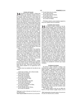 127                                  NÚMEROS 35:16
                Límites de Canaán                        26   El jefe Paltiel hijo de Azán,

34       1El SEÑOR le dijo a Moisés: 2«Dales esta
         orden a los israelitas: Cuando entren a
la tierra de Canaán, esta será la tierra que será
                                                         27
                                                              de la tribu de Isacar.
                                                              El jefe Ajiud hijo de Selomí,
                                                              de la tribu de Aser.
de ustedes como herencia* y estos serán sus              28   El jefe Pedael hijo de Amiud,
límites: 3la frontera sur limitará con el desierto            de la tribu de Neftalí.
de Sin a lo largo del límite de Edom*. La frontera
más al sur comenzará en el oriente desde el                 29El SEÑOR ordenó a estos hombres repartir la
final del Mar Muerto, 4seguirá luego para cruzar         tierra de Canaán entre los israelitas.
el paso de los Alacranes, continuará a través del
desierto de Sin y su límite en el sur será Cades                          Ciudades de los levitas
Barnea. Luego seguirá hasta Jazar Adar y des-
pués pasará a través de Asmón. 5Desde Asmón,
la frontera volteará hacia el arroyo de Egipto
                                                         35           SEÑOR le habló a Moisés en las lla-
                                                                    1El
                                                                  nuras de Moab*, junto al Jordán, frente
                                                         a Jericó y le dijo: 2«Ordénales a los israelitas que
y terminará en el mara. 6La frontera occiden-            del territorio que reciban les den a los levitas*
tal limitará con las costas del mar Grande. 7 La         ciudades donde vivir, y también los campos de
frontera norte será esta: Desde el mar Grande            pastoreo alrededor de esas ciudades. 3En esas
tracen una línea hasta el monte Hor, 8y desde            ciudades habitarán los levitas y los campos de
el monte Hor sigan una línea hasta Lebó Jamat.           pastoreo serán para su ganado y todos sus ani-
Luego la línea fronteriza llegará hasta Zedad,           males. 4Los campos de pastoreo de esas ciuda-
9para continuar hasta Zifrón, y terminar en Jazar        des que deben darles a los levitas se extenderán
Enán. Esa será la frontera norte. 10En cuanto            alrededor de la ciudad, cuatrocientos cincuenta
a la frontera oriental, tracen una línea desde           metrosc hacia afuera de la muralla. 5Midan a
Jazar Enán hasta Sefán, 11de Sefán bajará a Riblá        partir de los límites de la ciudad novecientos
al oriente de Ayin, de donde descenderá hasta            metros hacia el oriente, novecientos metros
encontrarse con las colinas al oriente del lago          hacia el sur, novecientos metros hacia el occi-
de Galileab. 12La frontera continuará hasta el río       dente y novecientos metros hacia el norte, con
Jordán y terminará en el Mar Muerto. Ese será            la ciudad en el centro. Esas serán las tierras de
su país y sus fronteras alrededor».                      pastoreo para sus ciudades. 6De las ciudades
   13Moisés les dio esta orden a los israelitas:         que ustedes les den a los levitas, habrá seis ciu-
«Esta es la tierra que heredarán y dividirán por         dades de refugio, que servirán para que huya
sorteo entre ustedes. El SEÑOR ha mandado que            allí el que por accidente haya matado a alguien.
esta tierra sea entregada a las nueve tribus y           Además de estas se les darán otras cuarenta y
media. 14Las tribus de Rubén, Gad y la media             dos ciudades, 7o sea que en total les darán a
tribu de Manasés ya recibieron su parte de               los levitas cuarenta y ocho ciudades con sus
acuerdo a sus familias. 15Las dos tribus y media         campos de pastoreo. 8La mayoría de ciudades
ya recibieron su parte al oriente, cerca al río          serán cedidas por las tribus grandes; las tribus
Jordán, desde Jericó, al lado oriental».                 pequeñas cederán pocas ciudades. Cada tribu
   16Luego el SEÑOR le dijo a Moisés: 17«Estos           les dará algunas de sus ciudades a los levitas de
son los nombres de los hombres que repartirán            acuerdo a la cantidad de territorio que hayan
la tierra entre ustedes: el sacerdote Eleazar y          recibido».
Josué hijo de Nun, 18pero que un jefe de cada
tribu ayude también en la repartición de la                                Ciudades de refugio
tierra».                                                      9ElSEÑOR le dijo a Moisés: 10«Diles a los
   19Estos eran los nombres de los jefes de las          israelitas que cuando crucen el río Jordán para
tribus:                                                  llegar a Canaán*, 11designen ciudades de refugio
                                                         para ustedes a donde pueda huir el que mate
     Caleb hijo de Jefone, de la tribu de Judá.          a alguien por accidente. 12En esas ciudades
20   Samuel hijo de Amiud,                               se refugiarán para protegerse del pariente del
     de la tribu de Simeón.                              muerto que tenga el deber de castigar al ase-
21   Elidad hijo de Quislón,                             sino. Así no se le dará muerte al asesino sin
     de la tribu de Benjamín.                            que se haya primero hecho un juicio ante la
22   El jefe Buquí hijo de Joglí,                        comunidad. 13De las ciudades que se hayan
     de la tribu de Dan.                                 entregado, seis serán ciudades de refugio. 14Tres
23   De los descendientes de José:                       de esas ciudades estarán ubicadas al oriente del
     El jefe Janiel hijo de Efod,                        río Jordán y las otras tres en la tierra de Canaán.
     de la tribu de Manasés;                             15Esas seis ciudades serán para el refugio de
24   y el jefe Quemuel hijo de Siftán,                   los israelitas y de los inmigrantes que vivan
     de la tribu de Efraín.                              entre ustedes. Todo el que por accidente mate
25   El jefe Elizafán hijo de Parnac,                    a alguien, debe ir allá.
     de la tribu de Zabulón.                                16»Si alguien golpea a otro con un objeto de
                                                         hierro y el que recibe el golpe muere, eso es
a 34:5 mar Se refiere al llamado mar Grande, que es el
mar Mediterráneo.                                        c 35:4 cuatrocientos cincuenta metros Textualmente
b 34:11 lago de Galilea Textualmente mar de Quinéret.    mil codos. Ver tabla de pesas y medidas.
 