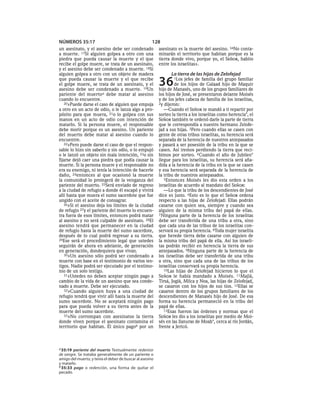 NÚMEROS 35:17                                         128
un asesinato, y el asesino debe ser condenado             asesinato es la muerte del asesino. 34No conta-
a muerte. 17Si alguien golpea a otro con una              minarán el territorio que habitan porque es la
piedra que pueda causar la muerte y el que                tierra donde vivo, porque yo, el SEÑOR, habito
recibe el golpe muere, se trata de un asesinato,          entre los israelitas».
y el asesino debe ser condenado a muerte. 18Si
alguien golpea a otro con un objeto de madera                   La tierra de las hijas de Zelofejad
que pueda causar la muerte y el que recibe
el golpe muere, se trata de un asesinato, y el
asesino debe ser condenado a muerte. 19Un
                                                          36      1Los   jefes de familia del grupo familiar
                                                                   de los hijos de Galaad hijo de Maquir
                                                          hijo de Manasés, uno de los grupos familiares de
pariente del muerto a debe matar al asesino               los hijos de José, se presentaron delante Moisés
cuando lo encuentre.                                      y de los jefes cabeza de familia de los israelitas,
   20»Puede darse el caso de alguien que empuja           2y dijeron:
a otro en un acto de odio, o le lanza algo a pro-            —Cuando el SEÑOR te mandó a ti repartir por
pósito para que muera, 21o lo golpea con sus              sorteo la tierra a los israelitas como herencia*, el
manos en un acto de odio con intención de                 SEÑOR también te ordenó darle la parte de tierra
matarlo. Si la persona muere, el responsable              que le correspondía a nuestro hermano Zelofe-
debe morir porque es un asesino. Un pariente              jad a sus hijas. 3Pero cuando ellas se casen con
del muerto debe matar al asesino cuando lo                gente de otras tribus israelitas, su herencia será
encuentre.                                                separada de la herencia de nuestros antepasados
   22»Pero puede darse el caso de que el respon-          y pasará a ser posesión de la tribu en la que se
sable lo hizo sin saberlo y sin odio, o lo empujó         casen. Así iremos perdiendo la tierra que reci-
o le lanzó un objeto sin mala intención, 23o sin          bimos por sorteo. 4 Cuando el año de Jubileo*
fijarse dejó caer una piedra que podía causar la          llegue para los israelitas, su herencia será aña-
muerte. Si la persona muere y el responsable no           dida a la herencia de la tribu en la que se casen
era su enemigo, ni tenía la intención de hacerle          y esa herencia será separada de la herencia de
daño, 24entonces al que ocasionó la muerte                la tribu de nuestros antepasados.
la comunidad lo protegerá de la venganza del                 5Entonces Moisés les dio esta orden a los
pariente del muerto. 25Será enviado de regreso            israelitas de acuerdo al mandato del SEÑOR:
a la ciudad de refugio a donde él escapó y vivirá            —Lo que la tribu de los descendientes de José
allí hasta que muera el sumo sacerdote que fue            dice es justo. 6Esto es lo que el SEÑOR ordena
ungido con el aceite de consagrar.                        respecto a las hijas de Zelofejad: Ellas podrán
   26»Si el asesino deja los límites de la ciudad         casarse con quien sea, siempre y cuando sea
de refugio 27y el pariente del muerto lo encuen-          alguien de la misma tribu del papá de ellas.
tra fuera de esos límites, entonces podrá matar           7 Ninguna parte de la herencia de los israelitas
al asesino y no será culpable de asesinato. 28El          debe ser transferida de una tribu a otra, sino
asesino tendrá que permanecer en la ciudad                que cada una de las tribus de los israelitas con-
de refugio hasta la muerte del sumo sacerdote,            servará su propia herencia. 8Toda mujer israelita
después de lo cual podrá regresar a su tierra.            que herede tierra debe casarse con alguien de
29Ese será el procedimiento legal que ustedes             la misma tribu del papá de ella. Así los israeli-
seguirán de ahora en adelante, de generación              tas podrán recibir en herencia la tierra de sus
en generación, dondequiera que vivan.                     antepasados. 9Ninguna parte de la herencia de
   30»Un asesino sólo podrá ser condenado a               los israelitas debe ser transferida de una tribu
muerte con base en el testimonio de varios tes-           a otra, sino que cada una de las tribus de los
tigos. Nadie podrá ser ejecutado por el testimo-          israelitas conservará su propia herencia.
nio de un solo testigo.                                      10Las hijas de Zelofejad hicieron lo que el
   31»Ustedes no deben aceptar ningún pago a              SEÑOR le había mandado a Moisés. 11Majlá,
cambio de la vida de un asesino que sea conde-            Tirsá, Joglá, Milca y Noa, las hijas de Zelofejad,
nado a muerte. Debe ser ejecutado.                        se casaron con los hijos de sus tíos. 12Ellas se
   32»Cuando alguien huya a una ciudad de                 casaron dentro de los grupos familiares de los
refugio tendrá que vivir allí hasta la muerte del         descendientes de Manasés hijo de José. De esa
sumo sacerdote. No se aceptará ningún pago                forma su herencia permaneció en la tribu del
para que pueda volver a su tierra antes de la             papá de ellas.
muerte del sumo sacerdote.                                   13Esas fueron las órdenes y normas que el
   33»No corrompan con asesinatos la tierra               SEÑOR les dio a los israelitas por medio de Moi-
donde viven porque el asesinato contamina el              sés en las llanuras de Moab*, cerca al río Jordán,
territorio que habitan. Él único pagob por un             frente a Jericó.



a 35:19 pariente del muerto Textualmente redentor
de sangre. Se trataba generalmente de un pariente o
amigo del muerto, y tenía el deber de buscar al asesino
y matarlo.
b 35:33 pago o redención, una forma de quitar el
pecado.
 