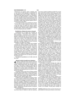 DEUTERONOMIO 3:19                                 132
19Solamente    sus esposas, hijos y ganado, pues      que viene cuando le pedimos ayuda? 8Y ¿en qué
sé que tienen mucho ganado, se quedarán en            gran nación hay normas y leyes tan justas como
las ciudades que yo les he dado, 20hasta que el       toda esta ley que les estoy dando? 9Pero sé cui-
SEÑOR les haya dado descanso a sus hermanos,          dadoso en extremo para que no olvides lo que
como les ha dado descanso a ustedes; y hasta          tus ojos han visto y no se borren de tu mente
que ellos también hayan tomado posesión de la         todos los días de tu vida. Enséñales todo esto a
tierra que el SEÑOR su Dios les da al otro lado del   tus hijos y a los hijos de tus hijos. 10No olvides
río Jordán. Luego, todos ustedes podrán volver a      nunca lo que viste el día que te presentaste ante
la tierra que les he dado”.                           el SEÑOR tu Dios en el monte Horeb, cuando el
   21»En aquel tiempo, yo le mandé esto a Josué:      SEÑOR me dijo: “Reúne al pueblo ante mí, para
“Tú has visto lo que el SEÑOR su Dios les hizo        que oigan lo que tengo que decirles y aprendan
a esos dos reyes. El SEÑOR les hará lo mismo          a obedecerme todos los días de su vida en la
a todos los reinos por los que ustedes están a        tierra, y para que les enseñen esto a sus hijos”.
punto de pasar. 22No les teman, porque el SEÑOR       11Ustedes se acercaron y se colocaron al pie del
su Dios está peleando por ustedes”.                   monte que ardía en un fuego que llegaba hasta
                                                      el cielo; había oscuridad y una densa niebla.
  Prohibición a Moisés de entrar a Canaán             12El SEÑOR les habló desde el medio del fuego.
   23»Entonces yo le rogué así al SEÑOR en            Escucharon el sonido de sus palabras, pero no
aquel tiempo: 24“Oh Señor DIOS, solamente             veían ninguna forma, solamente se oía una voz.
has comenzado a mostrarme a mí, tu siervo, lo         13Él les anunció su pacto* que les mandó obe-
grande y poderoso que eres. No hay dios en el         decer: los diez mandamientos que grabó en dos
cielo ni en la tierra que pueda hacer las mara-       tablas de piedra. 14El SEÑOR me mandó a mí que
villas que tú haces. 25Te ruego que me dejes          les enseñara las normas y leyes, de forma que
cruzar y ver esa tierra buena que está al otro        ustedes pudieran obedecerlas en la tierra que
lado del río Jordán. Déjame ver esas hermosas         ocuparán al cruzar el río Jordán.
montañas y la región del Líbano”.                        15»Ustedes no vieron ninguna figura el día
   26»Pero el SEÑOR, como estaba muy enojado          que el SEÑOR les habló en el monte Horeb desde
conmigo por culpa de ustedes, no quiso conce-         el medio del fuego. Así que por su propio bien
derme mi deseo. El SEÑOR me dijo: “¡Ya basta!         sean cuidadosos 16 y no se corrompan a sí mis-
No insistas más sobre este asunto. 27Sube a la        mos. Por lo tanto, no hagan ningún ídolo de
cima del monte Pisgá y observa al occidente           ninguna forma, nada de imágenes o estatuas
y al norte, al sur y al oriente, y observa con        de hombre o mujer, 17o de un animal en la tie-
tus propios ojos, pero no podrás cruzar el río        rra o de un ave que vuela en el cielo, 18o de
Jordán. 28Dale instrucciones a Josué y ayúdale        cualquier cosa que se arrastre en el suelo o de
a ser fuerte y valiente, porque él llevará a este     cualquier pez que esté en el agua. 19También
pueblo al otro lado del río y él hará que hereden     sean cuidadosos, cuando miren al cielo y vean
la tierra que ves”.                                   el sol, la luna y las estrellas, y se sientan tenta-
   29»Luego nos quedamos en el valle cerca de         dos a adorarlos y servirles. El SEÑOR su Dios les
Bet Peor.                                             asignó esos astros a todas las demás naciones
                                                      del mundo, 20pero a ustedes el SEÑOR los tomó
   Moisés le pide al pueblo que obedezca              y los sacó del horno de Egipto para ser su propio

4   1»Ahora,   pueblo de Israel, presten atención
     a las normas y leyes que yo les estoy ense-
ñando. Obedézcanlas para que puedan seguir
                                                      pueblo, como lo son ahora.
                                                         21»El SEÑOR se enojó conmigo por culpa de
                                                      ustedes y me aseguró que yo no cruzaría el río
con vida, y así entrar y ocupar la tierra que les     Jordán y que no entraría a la tierra buena que el
da el SEÑOR, el Dios de sus antepasados. 2No les      SEÑOR su Dios les da. 22Yo moriré aquí en esta
añadan ni les quiten nada a mis órdenes, sino         tierra, no cruzaré el Jordán, pero ustedes sí lo
obedezcan los mandamientos del SEÑOR su Dios          harán y ocuparán esa tierra buena. 23Sean cui-
que yo les ordeno.                                    dadosos de no olvidar el pacto que el SEÑOR su
   3»Ustedes vieron lo que hizo el SEÑOR cuando       Dios hizo con ustedes para que, como el SEÑOR
el pueblo adoró a Baal* Peor. A todo israelita que    su Dios les ha mandado, no se hagan ídolos de
siguió a Baal de Peor, el SEÑOR su Dios le quitó la   ninguna forma. 24El SEÑOR su Dios es un fuego
vida, 4pero todos ustedes, que siguieron fieles al    que lo consume todo, un Dios celosoa.
SEÑOR su Dios, todavía siguen vivos.                     25»Ustedes vivirán por mucho tiempo en la
   5»¡Miren! Les he enseñado las normas y leyes       tierra, tendrán hijos y nietos, y llegarán a viejos.
así como el SEÑOR mi Dios me ha ordenado, para        Sin embargo, se corromperán si hacen ídolos
que ustedes las pongan en práctica en la tierra       de la clase que sea, harán enojar al SEÑOR y
que van a ocupar. 6Deberán ser cuidadosos en          provocarán su ira. 26Así que les advierto hoy,
obedecer fielmente estas leyes porque esa será        con el cielo y la tierra de testigos, que si llegan
la prueba de su sabiduría y entendimiento para        a hacer esa maldad, morirán rápidamente en
las otras naciones que oirán de estas leyes y         la tierra a la que entran y que van a ocupar al
dirán: “Realmente, esta gran nación es de gente       cruzar el río Jordán. Vivirán poco tiempo en
sabia e inteligente”.
   7»¿Qué gran nación hay en la que su dios esté      a 4:24 Dios celoso Esto indica que Dios demanda com-
tan cerca como el SEÑOR lo está de nosotros,          pleta lealtad y no tolera que se adoren a otros dioses.
 