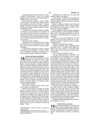 55                                     ÉXODO 19:3
   —Elige algunos de nuestros hombres y vayan               —Bendito sea el SEÑOR que los salvó del
a pelear contra Amalec. Yo me voy a parar                poder de Egipto y del faraón.
mañana en la cima de la colina sosteniendo el               11Ahora sé que el SEÑOR es más grande que
bastón de Dios en mi mano.                               todos los dioses, porque salvó al pueblo del
   10Josué obedeció a Moisés y se fue a pelear           poder de Egipto cuando los egipcios los estaban
contra Amalec. Mientras tanto, Moisés, Aarón             tratando muy mal.
y Jur subieron a la cima de la colina. 11Cuando             12Jetro, el suegro de Moisés, hizo ofrendas y
Moisés levantaba sus brazos, Israel ganaba la            sacrificios para honrar a Dios, y Aarón y todos
batalla; pero cuando bajaba sus brazos, Amalec           los ancianos de Israel fueron a comer frente a
comenzaba a ganar.                                       Dios con el suegro de Moisés.
   12Cuando se le cansaron los brazos a Moisés,             13El día siguiente, Moisés se sentó a juzgar al
le colocaron una roca debajo. Él se sentó en la          pueblo. El pueblo se colocó alrededor de Moisés
roca mientras Aarón y Jur, uno a cada lado, le           todo el día. 14El suegro de Moisés vio todo lo
sostenían los brazos. De esta manera sus bra-            que Moisés estaba haciendo por el pueblo y le
zos se mantuvieron arriba hasta que anocheció.           preguntó:
13Así, a filo de espada, Josué derrotó a Amalec             —¿Qué es lo que estás haciendo con este
y a su ejército.                                         pueblo? ¿Por qué estás sentado ahí tú solo,
   14El SEÑOR le dijo a Moisés:                          mientras el pueblo se queda de pie a tu alrede-
   —Escribe esto en un libro para que el pueblo          dor todo el día?
se acuerde de lo que pasó aquí y dile a Josué               15Moisés le respondió a su suegro:
que voy a borrar de la tierra a todo el pueblo              —Porque el pueblo viene a buscarme para
de Amalec.                                               consultar a Dios. 16Cuando tienen algún pro-
   15Luego Moisés construyó un altar y lo llamó          blema entre ellos, vienen y yo decido quién
«El SEÑOR es mi estandarte». 16Y dijo: «Tome-            tiene la razón. Yo doy a conocer las leyes y nor-
mos el estandarte del SEÑOR, él siempre va a             mas de Dios.
estar en guerra contra el pueblo de Amalec».                17 Pero el suegro de Moisés le dijo:
                                                            —Lo que estás haciendo no está bien. 18Tú
         Consejo del suegro de Moisés                    y el pueblo que está contigo se van a cansar.

18      1Jetro,  sacerdote de Madián y suegro
         de Moisés, se enteró de todo lo que
Dios había hecho por Moisés y por su pueblo
                                                         Este trabajo es muy difícil para ti, no puedes
                                                         hacerlo solo. 19Ahora escúchame, te voy a dar
                                                         un consejo para que Dios esté contigo. Tú serás
Israel y de cómo el SEÑOR los había sacado de            el representante de Dios ante el pueblo y lle-
Egipto. 2Entonces Jetro fue a donde estaba Moi-          varás los problemas de ellos ante él. 20Enséña-
sés y llevó con él a Séfora, la esposa de Moisés.        les las leyes y las normas y hazles saber de qué
Séfora no estaba con Moisés porque Jetro la              manera deben vivir y qué deben hacer. 21Pero
había recibido después de que ella había sido            elige hombres buenos, dignos de confianza, que
enviada a casa. 3Jetro también llevó con él a los        respeten a Dios, que no se dejen sobornar y haz
dos hijos de Séfora. El nombre de uno de ellos           que ellos manden sobre el pueblo. Coloca a unos
era Guersóna porque Moisés dijo: «Yo era un              de ellos a cargo de mil personas, a otros a cargo
inmigrante en tierra extranjera». 4El otro hijo          de cien, a otros a cargo de cincuenta, e incluso
se llamaba Eliezerb porque Moisés dijo: «El Dios         otros a cargo de diez. 22Ellos estarán encargados
de mi papá me ayuda y me salvó de la espada del          de juzgar al pueblo en todo momento. Los casos
faraón». 5Jetro, la esposa y los hijos de Moisés         más graves te los llevarán a ti, pero los casos
fueron al monte de Diosc, en el desierto, donde          menores los juzgarán ellos. 23Si haces todo esto y
estaba acampando Moisés.                                 lo ordena Dios, vas a poder sobrellevar tu trabajo
   6Jetro le dijo a Moisés:                              y todo el pueblo se irá en paz a sus hogares.
   —Yo, Jetro, tu suegro, vengo a verte, junto              24Moisés siguió el consejo de su suegro e
con tu esposa y sus dos hijos.                           hizo todo lo que él le dijo. 25Nombró hombres
   7Moisés salió a recibir a su suegro, se inclinó       capaces de entre todo Israel e hizo que ellos
ante él y lo saludó de beso. Cuando los dos se           gobernaran al pueblo. Nombró quienes estu-
habían saludado, entraron en la carpa. 8Moisés           vieran a cargo de grupos de mil, cien, cincuenta
le contó a su suegro todo lo que el SEÑOR le             e incluso diez personas. 26Ellos administraban
habían hecho al faraón y a los egipcios con el fin       justicia permanentemente entre los israelitas.
de ayudar a Israel. También le contó sobre todas         Los casos difíciles se los llevaban a Moisés, pero
las dificultades que habían tenido en el camino          los sencillos los resolvían ellos mismos.
y cómo el SEÑOR los había salvado. 9Jetro se                27Después Moisés se despidió de su suegro y
alegró mucho por todo el bien que el SEÑOR le            Jetro regresó a su tierra.
había hecho a Israel al salvarlo del poder de
Egipto 10 y dijo:                                                   Pacto de Dios con Israel

a 18:3 Guersón En hebreo, la palabra inmigrante se       19     1Los  israelitas llegaron al desierto del
                                                                 Sinaí al tercer mes de haber salido de
                                                         Egipto. 2Viajaron desde Refidín hasta el desierto
pronuncia guer.
b 18:4 Eliezer Este nombre significa Mi dios ayuda.      de Sinaí y acamparon en el desierto, frente al
c 18:5 monte de Dios Se trata del monte Horeb, también   monte. 3Moisés subió al monte y el SEÑOR le
llamado monte Sinaí.                                     dijo:
 