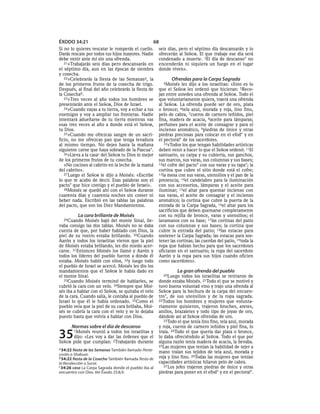 ÉXODO 34:21                                          68
Si no lo quieres rescatar le romperás el cuello.         seis días, pero el séptimo día descansarán y lo
Darás rescate por todos tus hijos mayores. Nadie         ofrecerán al SEÑOR. El que trabaje ese día será
debe venir ante mí sin una ofrenda.                      condenado a muerte. 3El día de descanso* no
   21»Trabajarás seis días pero descansarás en           encenderán ni siquiera un fuego en el lugar
el séptimo día, aun en las épocas de siembra             donde viven».
y cosecha.
   22»Celebrarás la fiesta de las Semanas a, la                 Ofrendas para la Carpa Sagrada
de los primeros frutos de la cosecha de trigo.             4Moisés    les dijo a los israelitas: «Esto es lo
Después, al final del año celebrarás la fiesta de        que el SEÑOR les ordenó que hicieran: 5Reco-
la Cosechab.                                             jan entre ustedes una ofrenda al SEÑOR. Todo el
   23»Tres veces al año todos los hombres se             que voluntariamente quiera, traerá una ofrenda
presentarán ante el SEÑOR, Dios de Israel.               al SEÑOR. La ofrenda puede ser de oro, plata
   24»Cuando vayas a tu tierra, voy a echar a tus        o bronce; 6tela azul, morada y roja, lino fino,
enemigos y voy a ampliar tus fronteras. Nadie            pelo de cabra, 7cueros de carnero teñidos, piel
intentará adueñarse de tu tierra mientras vas            fina, madera de acacia, 8aceite para lámparas;
esas tres veces al año a donde está el SEÑOR,            perfumes para el aceite de consagrar y para el
tu Dios.                                                 incienso aromático, 9piedras de ónice y otras
   25»Cuando me ofrezcas sangre de un sacri-             piedras preciosas para colocar en el efod* y en
ficio, no me ofrezcas pan que tenga levadura             el pectoral* de los sacerdotes.
al mismo tiempo. No dejes hasta la mañana                   10»Todos los que tengan habilidades artísticas
siguiente carne que haya sobrado de la Pascua*.          deben venir a hacer lo que el SEÑOR ordenó: 11El
   26»Lleva a la casa c del SEÑOR tu Dios lo mejor       santuario, su carpa y su cubierta, sus ganchos,
de los primeros frutos de tu cosecha.                    sus marcos, sus varas, sus columnas y sus bases;
   »No cocines al cabrito en la leche de la mamá         12el cofre del pacto* con sus varas y su tapa*; la
del cabrito».                                            cortina que cubre el sitio donde está el cofre;
   27 Luego el SEÑOR le dijo a Moisés: «Escribe          13la mesa con sus varas, utensilios y el pan de la
lo que te acabo de decir. Esas palabras son el           presencia; 14el candelabro para la iluminación
pacto* que hice contigo y el pueblo de Israel».          con sus accesorios, lámparas y el aceite para
   28Moisés se quedó ahí con el SEÑOR durante            iluminar; 15el altar para quemar incienso con
cuarenta días y cuarenta noches sin comer ni             sus varas, el aceite de consagrar y el incienso
beber nada. Escribió en las tablas las palabras          aromático; la cortina que cubre la puerta de la
del pacto, que son los Diez Mandamientos.                entrada de la Carpa Sagrada, 16el altar para los
                                                         sacrificios que deben quemarse completamente
          La cara brillante de Moisés                    con su rejilla de bronce, varas y utensilios; el
  29Cuando    Moisés bajó del monte Sinaí, lle-          lavamanos con su base; 17las cortinas del patio
vaba consigo las dos tablas. Moisés no se daba           con sus columnas y sus bases; la cortina que
cuenta de que, por haber hablado con Dios, la            cubre la entrada del patio; 18las estacas para
piel de su rostro estaba brillando. 30Cuando             sostener la Carpa Sagrada; las estacas para sos-
Aarón y todos los israelitas vieron que la piel          tener las cortinas; las cuerdas del patio, 19toda la
de Moisés estaba brillando, les dio miedo acer-          ropa que habían hecho para que los sacerdotes
carse. 31Entonces Moisés los llamó y Aarón y             oficiaran en el santuario; la ropa del sacerdote
todos los líderes del pueblo fueron a donde él           Aarón y la ropa para sus hijos cuando oficien
estaba. Moisés habló con ellos, 32y luego todo           como sacerdotes».
el pueblo de Israel se acercó. Moisés les dio los
mandamientos que el SEÑOR le había dado en                         La gran ofrenda del pueblo
el monte Sinaí.                                            20Luego    todos los israelitas se retiraron de
   33Cuando Moisés terminó de hablarles, se              donde estaba Moisés. 21Todo el que se motivó y
cubrió la cara con un velo. 34Siempre que Moi-           tuvo buena voluntad vino y trajo una ofrenda al
sés iba a hablar con el SEÑOR, se quitaba el velo        SEÑOR para la hechura de la carpa del encuen-
de la cara. Cuando salía, le contaba al pueblo de        tro*, de sus utensilios y de la ropa sagrada.
Israel lo que él le había ordenado. 35Como el            22Todos los hombres y mujeres que volunta-
pueblo veía que la piel de su cara brillaba, Moi-        riamente quisieron, trajeron broches, aretes,
sés se cubría la cara con el velo y se lo dejaba         anillos, brazaletes y todo tipo de joyas de oro,
puesto hasta que volvía a hablar con Dios.               dándole así al SEÑOR ofrendas de oro.
                                                            23Todo el que tenía lino fino, tela azul, morada
       Normas sobre el día de descanso                   y roja, cueros de carnero teñidos y piel fina, lo

35      1Moisésreunió a todos los israelitas y
      dijo: «Les voy a dar las órdenes que el
SEÑOR pide que cumplan: 2Trabajarán durante
                                                         traía. 24Todo el que quería dar plata o bronce,
                                                         lo daba ofreciéndolo al SEÑOR. Todo el que por
                                                         alguna razón tenía madera de acacia, la llevaba.
                                                         25Las mujeres que tenían la habilidad de tejer a
a 34:22 fiesta de las Semanas También llamado Pente-
costés o Shabuot.
                                                         mano traían sus tejidos de tela azul, morada y
b 34:22 fiesta de la Cosecha También llamada fiesta de   roja y lino fino. 26Todas las mujeres que tenían
la Recolección o Sucot.                                  capacidades artísticas hilaron pelo de cabra.
c 34:26 casa La Carpa Sagrada donde el pueblo iba al        27 Los jefes trajeron piedras de ónice y otras
encuentro con Dios. Ver Éxodo 25:8,9.                    piedras para poner en el efod* y en el pectoral*.
 