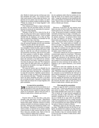 71                                     ÉXODO 39:29
alto. Medía lo mismo que las cortinas que esta-          de oro y grabaron sobre ellas los nombres de los
ban alrededor del patio. 19La cortina la soste-          hijos de Israel, de la manera como se graba un
nían cuatro postes y cuatro bases de bronce. Los         sello. 7 Luego las colocaron en las hombreras del
ganchos de los postes eran de plata y la parte           efod como piedras recordatorias de los hijos de
superior de los postes estaba recubierta de plata.       Israel. Todo se hizo tal como el SEÑOR le había
20Todas las estacas de la Carpa Sagrada* y del           dicho a Moisés que hiciera.
patio eran de bronce.
   21Por órdenes de Moisés y bajo la dirección                              El pectoral
de Itamar, hijo del sacerdote Aarón, los levitas           8Hicieron    el pectoral* de una manera muy
llevaron la cuenta de los materiales de construc-        hábil, tal como se hizo el efod*. Para hacerlo uti-
ción de la Carpa Sagrada.                                lizaron hilos de oro, lino fino y tela azul, morada
   22Bezalel, el hijo de Uri y nieto de Jur, de la       y roja. 9El pectoral era doble y cuadrado y medía
tribu de Judá, hizo todo lo que el SEÑOR le había        veintidós centímetros de largo y veintidós cen-
ordenado a Moisés que hiciera. 23Con él estaba           tímetros de ancho. 10Le pusieron cuatro hileras
Aholiab hijo de Ajisamac, de la tribu de Dan,            de piedras preciosas. La primera hilera tenía
que era artesano, diseñador y recamador de tela          un rubí, un topacio y un berilo. 11La segunda
azul, morada y roja y lino fino.                         hilera tenía una turquesa, un zafiro y una esme-
   24Todo el oro que se ofrendó para la construc-        ralda. 12La tercera tenía un jacinto, un ágata y
ción del santuario pesaba cerca de una tonelada          una amatista. 13La cuarta tenía un crisólito, un
conforme al peso oficial* del santuario.                 ónice y un jaspe. Las piedras estaban montadas
   25La congregación contribuyó con un total de          en engastes de oro. 14Eran doce piedras porque
tres toneladas y media de plata, según la medida         doce son los nombres de los hijos de Israel*.
oficial. 26El censo de los varones de veinte o más       Cada piedra tenía grabado el nombre de un hijo
años de edad dio una cifra de seiscientos tres           de Israel, como si fuera un sello.
mil quinientos cincuenta, cada uno de los cuales            15Trenzaron cadenas de oro puro a manera de
dio cinco gramos y medio de plata, conforme              cordones para usarse en el pectoral. 16Hicieron
al peso oficial del santuario. 27Se dispuso de           dos engastes de oro y dos argollas de oro. Las
tres mil trescientos kilos de plata para hacer las       argollas las colocaron en las esquinas del pec-
bases del santuario y las bases de las cortinas.         toral. 17Metieron las dos cadenas en las argollas
Como hicieron cien bases, emplearon treinta y            que estaban en los extremos del pectoral, 18ase-
tres kilos de plata por cada una 28Se emplearon          guraron los otros extremos de las cadenas a los
veinte kilos de plata para hacer los ganchos y           engastes y, por la parte delantera, a las correas
los anillos de los postes y las tapas de plata de        del efod.
encima de los postes.                                       19Hicieron otras dos argollas de oro y las
   29El total de bronce que se ofrendó fue de            aseguraron en las otras esquinas del pectoral.
dos mil trescientos cuarenta kilos. 30Ese bronce         Estas quedaban en el borde interior al lado del
se utilizó para hacer las bases de la entrada de         efod. 20Hicieron otras dos argollas de oro más y
la carpa del encuentro. También usaron bronce            las colocaron en las hombreras del efod por la
para hacer el altar, la rejilla y las herramientas       parte inferior delantera, cerca de la costura por
y los utensilios del altar. 31También se usó para        encima. 21Aseguraron con un cordón de tela
hacer las bases alrededor del patio y las bases          azul las argollas del pectoral a las del efod para
de la entrada del patio. Además se empleó para           que no se corriera, así el pectoral quedaba cerca
hacer todas las estacas de la Carpa Sagrada y del        del cinturón del efod. Todo se hizo tal como el
patio alrededor.                                         SEÑOR le había dicho a Moisés que hiciera.

           La ropa de los sacerdotes                                Otra ropa de los sacerdotes
39      1La ropa para uso de los sacerdotes en el
        santuario se hizo con tela azul, morada y
roja. Además hicieron también la ropa que Aarón
                                                           22Toda   la capa del efod* la hicieron bordada
                                                         con tela azul. 23Tenía una abertura en el centro
                                                         para meter la cabeza. Todo el borde de la aber-
usaría en el santuario. Todo se hizo tal como el         tura estaba bordado para evitar que se rasgara.
SEÑOR le había dicho a Moisés que hiciera.               24En el borde de la capa hicieron granadas de
                                                         tela azul, morada y roja y lino fino. 25Hicieron
                      El efod                            también campanitas de oro puro y las colga-
  2Usaron     hilos de oro, lino fino y tela azul,       ron en el borde de la capa entre las granadas.
morada y roja, para hacer el efod*. 3Martillaron         26Había una campanita de oro y luego una gra-
el oro hasta formar placas y las cortaron para           nada, otra campanita de oro y luego otra granada
formar hilos largos. Después cosieron en forma           y así sucesivamente por todo el borde de la capa
artística los hilos a la tela azul, morada y roja y al   tal como el SEÑOR le ordenó a Moisés.
lino fino. 4Hicieron dos hombreras unidas a sus             27Bordaron capas de lino fino para Aarón y
dos extremos. 5Bordaron el cinturón y lo asegu-          sus hijos. 28Además hicieron de lino fino el tur-
raron al efod. Lo hicieron de la misma manera            bante, las bandas de la cabeza y la ropa interior.
como hicieron el efod; usaron hilos de oro, lino         29Luego hicieron el cinturón de lino fino y tela
fino y tela azul, morada y roja. Todo se hizo tal        azul, morada y roja y le cosieron diseños. Todo
como el SEÑOR le había dicho a Moisés.                   se hizo tal como el SEÑOR le había dicho a Moi-
   6Colocaron las piedras de ónice en engastes           sés que hiciera.
 