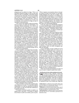 LEVÍTICO 13:21                                     82
peligrosa que ha salido de la llaga.   21Pero  si el   42Pero   si aparece una mancha rojiza en las par-
sacerdote examina la llaga y ve que no hay vello       tes calvas, de atrás o de la frente, es una enfer-
blanco en ella y es profunda, el sacerdote aislará     medad peligrosa de la piel de la cabeza. 43Un
a la persona por siete días. 22Si se ha extendido      sacerdote deberá examinarlo y si la inflamación
por la piel, el sacerdote declarará impura a la        de la infección es roja y blanca, y se ve como la
persona porque tiene una infección. 23Pero si          misma enfermedad grave que aparece en otras
la mancha blanca se mantiene en su sitio y no          partes del cuerpo, 44entonces ese hombre tiene
se extiende, es la cicatriz de la llaga, así que el    una enfermedad peligrosa. Ese hombre está
sacerdote la declarará pura.                           impuro. El sacerdote lo declarará impuro por-
   24»En caso de que alguien tenga una quema-          que tiene una enfermedad peligrosa.
dura en la piel y la carne viva esté blanca, 25el         45»El que tenga una enfermedad peligrosa
sacerdote deberá examinarla. Si el vello en la         en la piel, deberá rasgar su ropa y descubrir su
parte blanca se ha vuelto blanco y se ve más           cabeza. Con la cara semicubierta deberá gritar:
profundo que la piel, entonces es una enferme-         “¡Impuro! ¡Impuro!” 46Quedará impuro mien-
dad peligrosa de la piel, producto de la quema-        tras tenga la infección. Es impuro y tendrá que
dura. El sacerdote declarará impura a la persona       vivir solo, fuera del campamento.
porque tiene una enfermedad peligrosa. 26Pero             47»Puede darse el caso de que aparezca moho
si el sacerdote la examina y no hay vello blanco       sobre tela, lana, lienzo 48o sobre cualquier mate-
en la parte blanca, y no es profunda sino que          rial tejido o sobre cuero o en cualquier artículo
ha disminuido, el sacerdote aislará a la persona       de cuero. 49Si la parte afectada en la tela o el
por siete días. 27 Luego el sacerdote examinará        cuero es verde o roja, es un moho contagioso,
a la persona al séptimo día, y si la mancha se         hay que mostrárselo al sacerdote. 50El sacerdote
ha extendido en la piel, el sacerdote declarará        lo examinará y lo aislará por siete días. 51Al sép-
impura a la persona porque tiene una enferme-          timo día el sacerdote lo examinará, observará si
dad peligrosa. 28Pero si la mancha permanece           se ha extendido en la tela o en el cuero. Si es
en un sitio y no se extiende sobre la piel sino        así, entonces se trata de un moho contagioso,
que va desapareciendo, entonces sólo se trata          es impuro. 52El sacerdote quemará la tela o el
de la decoloración de la quemadura. El sacer-          cuero porque tiene un moho contagioso que
dote declarará pura a la persona porque esa es         debe ser quemado.
la cicatriz de la quemadura.                              53»Si el sacerdote ve que el moho no se ha
   29»Si un hombre o una mujer tiene una infec-        extendido en cualquier parte de la tela o en el
ción en la cabeza o en la barbilla, 30el sacerdote     cuero, 54deberá mandarlo lavar y ponerlo por
examinará la infección. Si parece profunda en          separado otros siete días. 55Después de que
la piel y el vello es amarillo y delgado, el sacer-    ha sido lavado, el sacerdote lo examinará de
dote declarará impura a la persona porque tiene        nuevo, y si ve que el moho no ha cambiado, ni
una enfermedad peligrosa en la cabeza o en la          se ha extendido, entonces es impuroa y debe
barbilla. 31Si el sacerdote examina la infección,      quemarse, ya sea que esté en el derecho o en
pero no se ve profunda y no tiene vello negro, el      el revés de la tela. 56Pero si el sacerdote lo exa-
sacerdote aislará a la persona por siete días. 32Al    mina y ve que el moho ha desaparecido des-
séptimo día el sacerdote examinará la infección,       pués de ser lavado, entonces debe arrancar la
si ve que esta no se ha extendido, ni tiene vello      parte afectada. 57Si aparece de nuevo y se está
amarillo y no se ve profunda, 33la persona se          extendiendo, debe quemarse todo el artículo
afeitará, excepto en la llaga. Luego el sacerdote      afectado. 58Pero si el moho desaparece cuando
la aislará por otros siete días. 34Al séptimo día      se lave la tela o el cuero, el artículo deberá ser
el sacerdote examinará la infección y si ve que        lavado de nuevo y quedará purob».
esta no se ha extendido en la piel y no se ve             59Esas son las leyes para declarar si la tela o el
profunda, el sacerdote declarará pura a esa per-       cuero es puro o impuro cuando tiene moho.
sona. La persona deberá lavar su ropa y que-
dará pura. 35Pero si la infección se extiende por       Purificación de las enfermedades de la piel
la piel después de haber sido declarada pura,
36el sacerdote deberá examinarla de nuevo. Si
ve que la infección se ha extendido, no debe
                                                       14       1El SEÑOR le dijo a Moisés: 2«Esta será
                                                               la ley para la purificaciónc del que tenga
                                                       una enfermedad peligrosa de la piel. La persona
buscar vello amarillo, la persona está impura.         será llevada al sacerdote, 3para que la examine
37 Pero si el sacerdote no percibe ningún cambio       afuera del campamento. Si ve que la enferme-
en la infección y ha crecido vello negro en ella,      dad ha desaparecido, 4entonces el sacerdote
la infección ha sanado y la persona está pura. El      le ordenará al que se ha curado que traiga dos
sacerdote declarará pura a la persona.
   38»Si un hombre o mujer tiene muchas man-           a 13:55 impuro La referencia aquí puede indicar que
chas blancas en la piel, 39el sacerdote deberá         el artículo tiene una impureza que haga que quien lo
examinarlas. Si ve que las manchas son blancas         toque se enferme y no pueda adorar a Dios.
                                                       b 13:58 puro La referencia aquí puede indicar que el
pero opacas, es sólo una infección inofensiva y
                                                       artículo ya no tiene una impureza que haga que quien
la persona está pura.                                  lo toque se enferme y no pueda adorar a Dios.
   40»Cuando un hombre pierde el cabello y se          c 14:2 purificación La referencia aquí es que la persona
queda calvo, está puro. 41Si pierde el cabello         está apta para vivir en comunidad y participar de la
de la frente es calvo en la frente, pero es puro.      adoración a Dios.
 