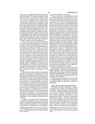 83                                    LEVÍTICO 14:37
aves puras*, un pedazo de madera de cedro, tela            cereal y así purificará a la persona.
roja y un hisopo*. 5El sacerdote mandará matar                21»Pero si quien va a ser purificado es pobre
una de las aves y derramará su sangre en una               y no puede pagar tanto, entonces traerá un cor-
olla de barro con agua fresca. 6Luego tomará               dero como sacrificio de restitución, el cual se
el ave viva, la madera de cedro, la tela roja y            ofrecerá con el movimiento de presentación de
el hisopo, y los mojará con la sangre del ave              la ofrenda. Esta será una ofrenda para purifi-
muerta sobre el agua fresca. 7Rociará la sangre            carlo. La persona, además, traerá dos kilos de la
siete veces sobre el que está siendo purificado            mejor harina mezclada con aceite como ofrenda
de la enfermedad de la piel, lo declarará puro y,          de cereal junto con un cuarto de litro de aceite
en un sitio al aire libre, dejará libre al ave viva.       de oliva 22y dos tórtolas o dos palomas, las que
8Después la persona purificada lavará su ropa,             pueda pagar. Una será para el sacrificio por el
se afeitará todo el cabello y se bañará con agua.          pecado y la otra será para el sacrificio que debe
Entonces quedará puro y podrá entrar de nuevo              quemarse completamente. 23Al octavo día traerá
al campamento, pero tendrá que estar fuera de              estas ofrendas para su purificación y las entre-
su carpa durante siete días. 9Al octavo día debe           gará al sacerdote a la entrada de la carpa del
afeitar todo su cabello, su barba y sus cejas, es          encuentro, ante el SEÑOR. 24Luego el sacerdote
decir, todo su pelo; lavará su ropa y bañará su            tomará el cordero del sacrificio de restitución y
cuerpo con agua y entonces quedará puro.                   el aceite de oliva y hará ante el SEÑOR el movi-
   10»En el octavo día esa persona debe tomar              miento de presentación de la ofrenda. 25Luego
dos corderos sin defecto alguno, una cordera de            degollará al cordero, y usando parte de la sangre
un año de edad sin defecto alguno, seis kilos              del sacrificio, la untará en la oreja derecha, en el
de harina de la más alta calidad mezclada con              pulgar derecho y en el dedo gordo del pie dere-
aceite para una ofrenda de cereal, y un tercio             cho del que se purifica. 26El sacerdote derra-
de litroa de aceite de oliva. 11A la entrada de la         mará parte del aceite en la palma de su mano
carpa del encuentro* el sacerdote que purifica             izquierda 27y con el dedo derecho rociará aceite
a la persona la presentará ante el SEÑOR, junto            ante el SEÑOR siete veces. 28El resto del aceite
con las ofrendas. 12Luego el sacerdote tomará              que queda en la palma de la mano del sacerdote,
uno de los corderos y lo presentará como sacri-            lo pondrá en el lóbulo de la oreja derecha, en
ficio de restitución. En seguida, tomará el tercio         el pulgar derecho y en el dedo gordo del pie
de litro de aceite de oliva y con él hará ante             derecho del que está siendo purificado, sobre
el SEÑOR el movimiento de presentación* de la              la sangre del sacrificio de restitución. 29El resto
ofrenda. 13Después, matará al cordero en el sitio          del aceite que queda en la palma de la mano
sagrado donde se degüellan los animales para               del sacerdote será puesto sobre la cabeza del
los sacrificios por el pecado y para los sacrifi-          que está siendo purificado y de esta manera el
cios que deben quemarse completamente. El                  sacerdote lo purificará ante el SEÑOR.
sacrificio de restitución es como el sacrificio               30»Luego el sacerdote presentará una de las
por el pecado, será para el sacerdote. Es muy              tórtolas o palomas, según lo que la persona haya
sagrado.                                                   podido ofrendar. 31Una será para la ofrenda de
   14»El sacerdote tomará parte de la sangre del           purificación y la otra para el sacrificio que debe
sacrificio de restitución y la pondrá en la oreja          quemarse completamente, junto a la ofrenda de
derecha, en el pulgar de la mano derecha y en el           cereal. De esta manera el sacerdote purificará a
dedo gordo del pie derecho de la persona que se            la persona ante el SEÑOR».
va a purificar. 15Luego el sacerdote tomará parte             32Esas son las leyes respecto a las personas
del tercio de litro de aceite de oliva y lo echará         con enfermedades peligrosas de la piel que
en la palma de su mano izquierda, 16untará su              no puedan pagar los sacrificios usuales de
dedo derecho en el aceite de su mano izquierda             purificación.
y con ese dedo rociará aceite ante el SEÑOR siete
veces. 17De lo que queda en la palma de la mano               Leyes sobre las casas que tengan moho
del sacerdote, él untará aceite en la cabeza del             33El   SEÑOR les dijo a Moisés y a Aarón:
que se purifica, en el pulgar derecho y en el              34«Ustedes   van a recibir en propiedad la tierra
dedo gordo del pie derecho, sobre la sangre del            de Canaán*. Cuando la ocupen, se puede dar el
sacrificio de restitución. 18El resto del aceite           caso de que yo haga que salga moho en alguna
que quede en la palma de la mano del sacerdote             de sus casas. 35Entonces el dueño de la casa
será puesto sobre la cabeza de quien está siendo           irá y le dirá al sacerdote: “He visto en mi casa
purificado y así el sacerdote lo purificará ante           algo que parece moho”. 36Entonces el sacerdote
el SEÑOR.                                                  ordenará que saquen todo de la casa antes de
   19»Luego el sacerdote hará el sacrificio por            que él vaya a examinar el moho. Si ellos hacen
el pecado para purificar a la persona. Después             esto, lo que está dentro de la casa no se volverá
de esto, se degollará al animal del sacrificio que         impurob. Luego el sacerdote irá a examinar la
debe quemarse completamente 20 y el sacerdote              casa, 37observará el moho y si este consiste de
lo presentará en el altar junto con la ofrenda de          puntos verdes o rojos que parecen profundos en
a 14:10 un tercio de litro Textualmente un log. General-   b 14:36 impuro Aquí se refiere a que esos artículos no
mente la medida en litros como se presenta en Levítico     tendrán ninguna impureza que impida que quien los
para el aceite textualmente se da en logs. Ver tabla de    toque pueda participar en los actos de adoración al
pesas y medidas.                                           Señor.
 