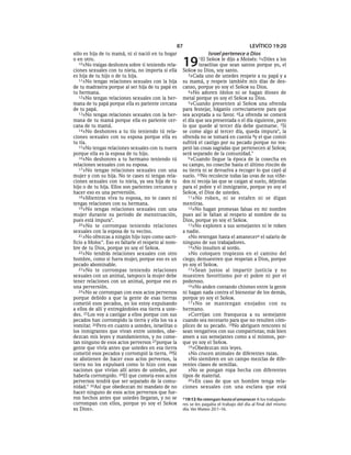 87                                  LEVÍTICO 19:20
sólo es hija de tu mamá, ni si nació en tu hogar                   Israel pertenece a Dios
o en otro.
   10»No traigas deshonra sobre ti teniendo rela-
ciones sexuales con tu nieta, no importa si ella
                                                     19      1El SEÑOR le dijo a Moisés: 2«Diles a los
                                                             israelitas que sean santos porque yo, el
                                                     SEÑOR su Dios, soy santo.
es hija de tu hijo o de tu hija.                        3»Cada uno de ustedes respete a su papá y a
   11»No tengas relaciones sexuales con la hija      su mamá, y respete también mis días de des-
de tu madrastra porque al ser hija de tu papá es     canso, porque yo soy el SEÑOR su Dios.
tu hermana.                                             4»No adoren ídolos ni se hagan dioses de
   12»No tengas relaciones sexuales con la her-      metal porque yo soy el SEÑOR su Dios.
mana de tu papá porque ella es pariente cercana         5»Cuando presenten al SEÑOR una ofrenda
de tu papá.                                          para festejar, háganlo correctamente para que
   13»No tengas relaciones sexuales con la her-      sea aceptada a su favor. 6La ofrenda se comerá
mana de tu mamá porque ella es pariente cer-         el día que sea presentada o el día siguiente, pero
cana de tu mamá.                                     lo que quede al tercer día debe quemarse. 7Si
   14»No deshonres a tu tío teniendo tú rela-        se come algo al tercer día, queda impura*, la
ciones sexuales con su esposa porque ella es         ofrenda no se tomará en cuenta 8y el que comió
tu tía.                                              sufrirá el castigo por su pecado porque no res-
   15»No tengas relaciones sexuales con tu nuera     petó las cosas sagradas que pertenecen al SEÑOR;
porque ella es la esposa de tu hijo.                 será separado de la comunidad.*
   16»No deshonres a tu hermano teniendo tú             9»Cuando llegue la época de la cosecha en
relaciones sexuales con su esposa.                   su campo, no coseche hasta el último rincón de
   17»No tengas relaciones sexuales con una          su tierra ni se devuelva a recoger lo que cayó al
mujer y con su hija. No te cases ni tengas rela-     suelo. 10No recolecte todas las uvas de sus viñe-
ciones sexuales con tu nieta, ya sea hija de tu      dos ni recoja las que se caigan al suelo, déjenlas
hijo o de tu hija. Ellos son parientes cercanos y    para el pobre y el inmigrante, porque yo soy el
hacer eso es una perversión.                         SEÑOR, el Dios de ustedes.
   18»Mientras viva tu esposa, no te cases ni           11»No roben, ni se estafen ni se digan
tengas relaciones con su hermana.                    mentiras.
   19»No tengas relaciones sexuales con una             12»No hagan promesas falsas en mi nombre
mujer durante su período de menstruación,            pues así le faltan al respeto al nombre de su
pues está impura*.                                   Dios, porque yo soy el SEÑOR.
   20»No te corrompas teniendo relaciones               13»No exploten a sus semejantes ni le roben
sexuales con la esposa de tu vecino.                 a nadie.
   21»No ofrezcas a ningún hijo tuyo como sacri-        »No retengan hasta el amanecera el salario de
ficio a Moloc*. Eso es faltarle el respeto al nom-   ninguno de sus trabajadores.
bre de tu Dios, porque yo soy el SEÑOR.                 14»No insulten al sordo.
   22»No tendrás relaciones sexuales con otro           »No coloquen tropiezos en el camino del
hombre, como si fuera mujer, porque eso es un        ciego; demuestren que respetan a Dios, porque
pecado abominable.                                   yo soy el SEÑOR.
   23»No te corrompas teniendo relaciones               15»Sean justos al impartir justicia y no
sexuales con un animal, tampoco la mujer debe        muestren favoritismo por el pobre ni por el
tener relaciones con un animal, porque eso es        poderoso.
una perversión.                                         16»No anden contando chismes entre la gente
   24»No se corrompan con esos actos perversos       ni hagan nada contra el bienestar de los demás,
porque debido a que la gente de esas tierras         porque yo soy el SEÑOR.
cometió esos pecados, yo los estoy expulsando           17 »No se mantengan enojados con su
a ellos de allí y entregándoles esa tierra a uste-   hermano.
des. 25Los voy a castigar a ellos porque con sus        »Corrijan con franqueza a su semejante
pecados han corrompido la tierra y ella los va a     cuando sea necesario para que no resulten cóm-
vomitar. 26Pero en cuanto a ustedes, israelitas o    plices de su pecado. 18No abriguen rencores ni
los inmigrantes que vivan entre ustedes, obe-        sean vengativos con sus compatriotas; más bien
dezcan mis leyes y mandamientos, y no come-          amen a sus semejantes como a sí mismos, por-
tan ninguno de esos actos perversos 27porque la      que yo soy el SEÑOR.
gente que vivía antes que ustedes en esa tierra         19»Obedezcan mis leyes.
cometió esos pecados y corrompió la tierra. 28Si        »No crucen animales de diferentes razas.
se abstienen de hacer esos actos perversos, la          »No siembren en un campo mezclas de dife-
tierra no los expulsará como lo hizo con esas        rentes clases de semillas.
naciones que vivían allí antes de ustedes, por          »No se pongan ropa hecha con diferentes
haberla corrompido. 29El que cometa esos actos       tipos de material.
perversos tendrá que ser separado de la comu-           20»En caso de que un hombre tenga rela-
nidad.* 30Así que obedezcan mi mandato de no         ciones sexuales con una esclava que está
hacer ninguno de esos actos perversos que fue-
ron hechos antes que ustedes llegaran, y no se       a 19:13 No retengan hasta el amanecer A los trabajado-
corrompan con ellos, porque yo soy el SEÑOR          res se les pagaba el trabajo del día al final del mismo
su Dios».                                            día. Ver Mateo 20:1-16.
 