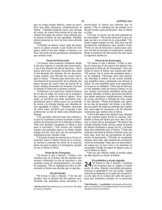 91                                       LEVÍTICO 24:3
que no tenga ningún defecto, como un sacri-                 presentarán al SEÑOR una ofrenda que se
ficio que debe quemarse completamente al                    quema. 28No se trabajará ese día porque es el
SEÑOR. 13También deberán hacer una ofrenda                  día del Perdón, para purificarlos* ante el SEÑOR
de cereal, de cuatro kilos harina de la más alta            su Dios.
calidad mezclada con aceite, como ofrenda que                  29»El que no ayune ese día será separado de
se quema al SEÑOR, de olor agradable. También               la comunidad.* 30Yo mismo destruiré al que tra-
deben presentar un litroa de vino como ofrenda              baje ese día y lo echaré de la comunidad. 31No
líquida.                                                    harán ningún trabajo ese día. Esta será una ley
   14»Ustedes no deben comer nada del grano                 permanente dondequiera que ustedes vivan.
nuevo ni grano tostado o pan hecho de este                  32Será un día de descanso y ayuno para uste-
grano, hasta el día que traigan la ofrenda a su             des. Ese día de descanso se empezará a celebrar
Dios. Esta será una ley permanente dondequiera              desde el atardecer del día noveno del mes hasta
que ustedes vivan.                                          el siguiente atardecer».

              Fiesta de Pentecostés                                        Fiesta de las Enramadas
  15»Cuenten    siete semanas completas desde                 33El  SEÑOR le dijo a Moisés: 34«Dile al pue-
el día que trajeron el manojo para presentarlo,             blo de Israel que el día quince del séptimo mes
o sea el día después del día de descanso. 16Esto            empezará la fiesta de las Enramadas*. Será una
quiere decir que contarán cincuenta días hasta              fiesta en honor al SEÑOR, que durará siete días.
el día después del séptimo día de descanso.                 35El primer día se hará una asamblea santa y
Luego traerán una ofrenda de cereal nuevo                   no se trabajará. 36Durante siete días quema-
para el SEÑOR. 17 Traerán para ofrecerlos con el            rán ofrendas al SEÑOR. El día octavo tendrán
movimiento de presentación* de la ofrenda, dos              una asamblea santa y quemarán una ofrenda al
panes hechos de cuatro kilos de harina de la                SEÑOR. Es una asamblea santa muy importante
mejor calidad, horneados con levadura. Esa será             en la que no se trabajará. 37 Esos son los días que
la ofrenda al SEÑOR de la primera cosecha.                  se han señalado como de fiesta al SEÑOR, en los
   18»Ofrezcan con el pan siete corderos machos             que ustedes convocarán asambleas santas para
de un año de edad, un ternero de la manada y                quemar ofrendas al SEÑOR, presentar sacrificios
dos carneros, todos sin defecto alguno. Estos               que deben quemarse completamente, ofrendas
serán un sacrificio que debe quemarse com-                  de cereal, sacrificios y ofrendas de vino, según
pletamente para el SEÑOR junto con la ofrenda               el día indicado. 38Estas festividades son aparte
de cereal y la ofrenda líquida; son ofrendas de             de los días de descanso* del SEÑOR, y las ofren-
olor agradable al SEÑOR. 19También ofrecerán                das son aparte de todas las ofrendas que ustedes
un chivo como sacrificio por el pecado y dos                den como pago de promesas y de las ofrendas
corderos de un año de edad como ofrenda para                voluntarias que ustedes den al SEÑOR.
festejar.                                                      39»Así el día quince del séptimo mes, después
   20»El sacerdote ofrecerá estos dos corderos y            de que ustedes hayan hecho la cosecha, cele-
el pan de la primera cosecha haciendo el movi-              brarán la fiesta del SEÑOR por siete días. El pri-
miento de presentación de la ofrenda al SEÑOR.              mer y octavo día se descansará. 40El primer día
Todo esto quedará consagrado al SEÑOR y será                ustedes tomarán frutas cítricas, ramas de palma
para el sacerdote. 21Ese mismo día tendrán                  de árboles frondosos y sauces de río, y durante
ustedes una asamblea santa y no harán ningún                siete días celebrarán ante el SEÑOR. 41Cada año
trabajo ese día. Esta será una ley permanente               celebren esta fiesta al SEÑOR el séptimo mes, por
dondequiera que ustedes vivan.                              siete días. Será una ley permanente de gene-
   22»Cuando recojan la cosecha de su tierra, no            ración en generación. 42Vivirán en enramadas
cosechen hasta el último rincón de su terreno,              durante siete días; todo israelita de nacimiento
ni vuelvan a cosechar los restos de la cosecha,             vivirá en enramadas 43para que sus descendien-
dejen eso para el pobre y el inmigrante, porque             tes sepan que yo hice vivir a los israelitas en
yo soy el SEÑOR su Dios».                                   enramadas cuando los saqué de Egipto, pues yo
                                                            soy el SEÑOR su Dios».
             Fiesta de las Trompetas                           44Así fue que Moisés habló al pueblo sobre
  23El  SEÑOR le dijo a Moisés: 24«Diles a los              los días festivos en honor al SEÑOR.
israelitas que en el primer día del séptimo mes
ustedes celebrarán un día de descanso y una                          El candelabro y el pan sagrado
asamblea santa de conmemoración, con toque
de trompeta. 25No se trabajará ese día y le pre-
sentarán al SEÑOR una ofrenda que se quema».
                                                            24       1ElSEÑOR le dijo a Moisés: 2«Ordena
                                                                    a los israelitas que te traigan el mejor
                                                            aceite de oliva. Mantén encendido permanen-
                                                            temente el candelabrob con este aceite. 3Aarón
                   Día del Perdón                           colocará las lámparas en la carpa del encuentro*,
  26ElSEÑOR le dijo a Moisés: 27«El día del                 al otro lado de la cortina del cofre del pacto*,
Perdón* será el décimo día del séptimo mes.                 para que alumbren siempre en la presencia
Tendrán una asamblea santa, ayunarán y le
                                                            b 24:2 Mantén [. . .] candelabro Las lámparas del cande-
a 23:13 un litro Textualmente un cuarto de hin. Ver tabla   labro se mantenían encendidas toda la noche desde el
de pesas y medidas.                                         atardecer hasta el amanecer.
 