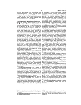 95                                  LEVÍTICO 27:34
presente para bien de ellos el pacto que hice            su precio será el que fije el sacerdote. 18Pero si
con sus antepasados a los que saqué de Egipto            la persona consagra su tierra después del año
para ser su Dios, pues yo soy el SEÑOR».                 del Jubileo, el sacerdote calculará su precio de
  46Esas son las leyes, normas e instrucciones           acuerdo a los años que falten para el año del
que el SEÑOR hizo entre él y los israelitas, por         próximo Jubileo, y el precio se reducirá. 19Si
medio de Moisés en el monte Sinaí.                       el que consagró su tierra la quiere comprar de
                                                         nuevo, debe añadir una quinta parte al precio
Tarifas y avalúos de lo consagrado al Señor              establecido y así será suya nuevamente, 20pero si

27       1El SEÑOR le dijo a Moisés: 2«Dile al
         pueblo de Israel que si alguien hace la
promesa de dar al SEÑOR el equivalente al valor
                                                         él no compra de nuevo la tierra y esta se vende
                                                         a otro, ya no la podrá recuperar. 21Cuando la
                                                         tierra sea librada en el año del Jubileo, será con-
de una persona, 3se calculará así: el precio de          sagrada para siempre al SEÑOR como propiedad
un varón de veinte a sesenta años será de cin-           permanente de los sacerdotes.
cuenta monedasa de plata de acuerdo al peso                 22»Si alguien consagra al SEÑOR una tierra que
oficial* 4y el de una mujer treinta monedas de           no es parte de lo que ha heredado, sino que la
plata. 5Si se trata del equivalente de una per-          adquirió por compra, 23el sacerdote calculará
sona de cinco a veinte años de edad, se pagarán          el precio equivalente hasta el año del Jubileo
veinte monedas de plata por un hombre y diez             y ese será el precio que se pagará el día que la
por una mujer. 6En cuanto al equivalente de los          persona consagre esa tierra. Ese dinero queda
niños de un mes a cinco años de edad, se paga-           consagrado al SEÑOR. 24El año del Jubileo esa
rán cinco monedas de plata por un niño y tres            tierra volverá al dueño original que la vendió, a
monedas de plata por una niña. 7Si es el caso            la familia que poseía esa tierra como herencia.
del equivalente de un adulto mayor de sesenta               25»Todos los precios serán de acuerdo al peso
años, el precio será de quince monedas de plata          oficial, que es de diez gramos por moneda.
por un hombre y diez monedas de plata por una               26»Nadie ofrecerá la primera cría de un ani-
mujer. 8Pero si el que hizo la promesa es muy            mal, ya que toda primera cría ya pertenece al
pobre para pagar el precio establecido, entonces         SEÑOR; sea ternero u oveja, ya es propiedad del
irá a presentarse al sacerdote y él determinará el       SEÑOR. 27 Pero si se trata de la primera cría de
precio equivalente, de acuerdo a lo que pueda            un animal impuro*, lo puede comprar de nuevo
pagar el que hizo la promesa.                            pagando el precio establecido más una quinta
   9»En cuanto a los animales que se ofrezcan al         parte. Si no se compra de nuevo, se podrá ven-
SEÑOR, todo animal que se traiga para el SEÑOR           der al precio establecido.
queda consagrado. 10El que haya hecho la pro-               28»No se podrá vender ni volver a adquirir
mesa no puede cambiarlo por otro animal, ya              nada que uno haya consagrado al SEÑOR, ya sea
sea mejor o peor; y si lo hace, ambos animales           una persona, animal o terreno propiedad de su
quedarán consagrados. 11Si se trata de un ani-           familia. Todo lo que se haya consagrado es san-
mal impuro* que no se puede ofrecer al SEÑOR,            tísimo y queda consagrado al SEÑOR.
entonces la persona deberá presentar el animal              29»Ningún ser humano al que se haya consa-
al sacerdote. 12Y, bien o mal, él fijará el precio y     grado a la destrucción podrá ser rescatado, sino
se aceptará sin discusión. 13Si la persona desea         que será condenado a muerte.c
comprarlo de nuevo, entonces deberá pagar lo                30»Una décima parte de todos los productos
que vale el animal, más una quinta parte del             de la tierra pertenece al SEÑOR, tanto de semi-
precio fijado.                                           llas como de árboles frutales, pues están consa-
   14»Si alguien consagra su casa al SEÑOR, el           grados al SEÑOR. 31Si alguien quiere recuperar
sacerdote fijará el precio de acuerdo al estado          algo de esa décima parte, deberá pagar el precio
en que se encuentre la casa, y ese será el precio        establecido más una quinta parte.
establecido. 15Si alguien que ha consagrado su              32»Uno de cada diez animales del ganado o
casa quiere recuperarla, entonces debe pagar lo          del rebaño que pase por el conteo bajo el bastón
que vale la casa, más una quinta parte del precio        del pastor, será consagrado al SEÑOR, 33sin ele-
establecido, y la casa volverá a su poder.               gir los buenos o los malos ni cambiar unos por
   16»Si alguien consagra parte de su tierra al          otros. Si se cambia algún animal, ambos anima-
SEÑOR, el precio dependerá de la cantidad de             les quedarán consagrados y ninguno de ellos se
semillas necesarias para sembrar en ese terreno,         podrá comprar de nuevo».
a razón de cincuenta monedas de plata por cada              34Esos son los mandamientos que el SEÑOR
doscientos veinte kilosb de semillas de cebada.          le dio a Moisés en el monte Sinaí para los
17Si él consagra su tierra en el año del Jubileo*,       israelitas.




a 27:3 monedas Textualmente siclos. Ver tabla de pesas   c 27:29 condenado a muerte Es una posible referen-
y medidas.                                               cia a los habitantes de ciudades o países enemigos
b 27:16 doscientos veinte kilos Textualmente un homer.   que debían morir en castigo por su maldad. Ver 1 de
Ver tabla de pesas y medidas.                            Samuel 15.
 