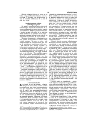 99                                      NÚMEROS 4:24
   39Moisés  y Aarón hicieron el censo de los                 colocarán los palos para transportarla, 7y exten-
levitas por grupos familiares tal como lo ordenó              derán también una tela morada sobre la mesa
el SEÑOR. El resultado final del censo dio un                 de la presencia y pondrán en ella los platos, las
total de veintidós mil hombres de un mes de                   cucharas, los tazones y las jarras para las ofren-
edad para arriba.                                             das de vino. El pan de la ofrenda permanente
                                                              estará también ahí. 8Extenderán una tela roja
            Los levitas toman el lugar                        sobre esto, cubrirán la mesa con una cubierta
              de los hijos mayores                            de cuero fino y después le colocarán los palos
   40El SEÑOR le dijo a Moisés: «Haz un censo de              para transportarla. 9Después tomarán una tela
todos los hijos mayores de los israelitas de un               morada y cubrirán con ella el candelabro, sus
mes de edad para arriba, y haz también una lista              lámparas, las tenazas, los platillos y todas las
con sus nombres. 41Aparta para mí a los levitas*              jarras de aceite utilizadas en la lámpara. 10Luego
a cambio de cada hijo mayor de los israelitas.                pondrán esto y su equipo en una cubierta de
Haz lo mismo con los animales de los levitas a                cuero fino y colocarán todo eso sobre unos palos
cambio de cada una de las primeras crías de los               para cargarlo. 11También extenderán una tela
animales de los israelitas. Yo soy el SEÑOR».                 morada sobre el altar de oro, lo cubrirán con
   42Entonces Moisés contó a todos los primeros               una cubierta de cuero fino y le pondrán sus
hijos varones de los israelitas tal como el SEÑOR             palos para cargarlo.
le había mandado. 43Se colocó en la lista a cada                 12Después tendrán que tomar todas las piezas
varón de un mes de edad para arriba, y el total               del equipo usado para servir en el lugar sagrado.
fue de veintidós mil doscientos setenta y tres.               Los pondrán en una tela morada, los cubrirán
   44El SEÑOR le dijo a Moisés: 45«Toma a los                 con cuero fino y después los colocarán sobre
levitas en reemplazo de cada primer varón                     sus palos para cargarlo. 13Luego deberán limpiar
nacido entre los israelitas y también toma a                  las cenizas del altar y extender una tela morada
los animales de los levitas en reemplazo de los               sobre este. 14Después pondrán sobre el altar
animales de los israelitas. Los levitas son míos,             todos los utensilios que se usan para el servi-
pues yo soy el SEÑOR. 46Hay más hijos mayores                 cio, o sea las tenazas, los tenedores, las palas
de los israelitas que la cifra total de levitas. La           y los tazones, todo el equipo del altar. Sobre
diferencia es de doscientos setenta y tres hijos              este deberán extender una cubierta de cuero
mayores de los israelitas para los que no hay                 fino y luego poner todo esto sobre sus palos
levitas que los reemplacen, 47entonces para res-              para cargarlo. 15Aarón y sus hijos terminarán
catarlos pide cinco monedas de plata por cada                 de cubrir todo el equipo sagrado y todos los
uno de ellos. Los tomarás de acuerdo al peso                  objetos sagrados. Una vez el campamento esté
oficial* que establece que cada moneda de plata               listo para moverse, entonces los coatitas podrán
debe pesar once gramos.a 48Les darás ese dinero               venir a cargar todo esto. Estando todo empacado
a Aarón y a sus hijos como valor del rescate de               de esta manera ellos no tocarán las cosas sagra-
esos doscientos setenta y tres hijos mayores».                das y evitarán morir. Los coatitas cargarán las
   49Entonces Moisés tomó el dinero del rescate               cosas de la carpa del encuentro. 16Eleazar, hijo
de los hijos mayores de los israelitas que había              del sacerdote Aarón, estará a cargo del aceite
de más. 50El dinero que recibió Moisés por ellos              para la lámpara, del incienso aromático, de la
fue un total de mil trescientas sesenta y cinco               ofrenda diaria de cerealb y del aceite de consa-
monedas de plata conforme al peso oficial. 51De               grar. Él también será responsable del cuidado
acuerdo a lo que el SEÑOR le dijo, Moisés les                 de toda la Carpa Sagrada* y de todo lo que hay
entregó el dinero a Aarón y a sus hijos tal como              en ella. Responderá por las cosas sagradas y sus
lo ordenó el SEÑOR.                                           utensilios».
                                                                 17 Luego el SEÑOR les dijo a Moisés y a Aarón:
               La labor de los levitas                        18«No dejen que ninguno de los grupos familia-


4   1El  SEÑOR les dijo a Moisés y a Aarón:
     2«Hagan un censo de los coatitas que hay
entre los levitas* por grupos familiares y fami-
                                                              res de los coatitas sea separadoc de los levitas.
                                                              19Ellos deberán hacer lo siguiente para que no
                                                              mueran al tocar las cosas más sagradas: Aarón y
lias; 3que tengan entre los treinta y cincuenta               sus hijos entrarán y le enseñarán a cada uno de
años de edad, y sean aptos para trabajar en la                ellos el trabajo que deben hacer y lo que tienen
carpa del encuentro*. 4El trabajo de los coatitas             que cargar. 20Los coatitas no deben mirar las
en lo que tiene que ver con la carpa del encuen-              cosas sagradas ni siquiera por un instante por-
tro será el de hacerse cargo del transporte de                que si lo hacen morirán».
las cosas más sagradas. 5Cuando se movilice el                   21El SEÑOR le dijo a Moisés: 22«Haz también
campamento, Aarón y sus hijos deberán entrar                  un censo de los guersonitas por familias y por
a la carpa y quitar la cortina de la entrada. Luego           grupos familiares. 23Cuenta a los que tengan
cubrirán el cofre del pacto* con ella, 6 y pon-               entre los treinta y cincuenta años de edad, o sea
drán encima una cubierta de fino cuero. Des-                  todos los que sean aptos para trabajar en la carpa
pués extenderán una tela morada sobre ella y le               del encuentro. 24El trabajo de los guersonitas es
                                                              b 4:16 ofrenda diaria de cereal Ofrenda a Dios que se
a 3:47 cinco monedas [. . .] once gramos Textualmente         colocaba dos veces al día en el lugar sagrado.
cinco siclos por cabeza, conforme al siclo sagrado, el cual   c 4:18 separado Esto puede referirse tanto a su destruc-
pesa veinte guerás. Ver tabla de pesas y medidas.             ción como a su expulsión.
 