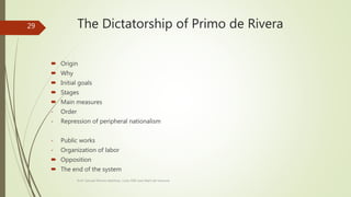 The Dictatorship of Primo de Rivera
 Origin
 Why
 Initial goals
 Stages
 Main measures
- Order
- Repression of peripheral nationalism
- Public works
- Organization of labor
 Opposition
 The end of the system
Prof. Samuel Perrino Martínez. Liceo XXII José Martí de Varsovia
29
 