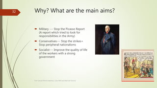 Why? What are the main aims?
 Military --- Stop the Picasso Report
(A report which tried to look for
responsibilities in the Army)
 Conservatives--- Stop the strikes+
Stop peripheral nationalisms
 Socialist--- Improve the quality of life
of the workers with a strong
government
Prof. Samuel Perrino Martínez. Liceo XXII José Martí de Varsovia
32
 