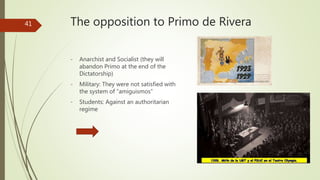 The opposition to Primo de Rivera
- Anarchist and Socialist (they will
abandon Primo at the end of the
Dictatorship)
- Military: They were not satisfied with
the system of “amiguismos”
- Students: Against an authoritarian
regime
41
 