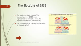 The Elections of 1931
 The results are quite curious: The
Monarchists won (2,000 more
representatives, but in the cities, the
Republicans obtained better results)
 The King saw this as a defeat and he went
to the exile. Why?
Prof. Samuel Perrino Martínez. Liceo XXII José Martí de Varsovia
47
 