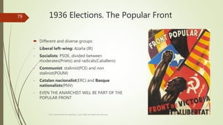 1936 Elections. The Popular Front
 Different and diverse groups:
- Liberal left-wing: Azaña (IR)
- Socialists: PSOE, divided between
moderates(Prieto) and radicals(Caballero)
- Communist: stalinist(PCE) and non
stalinist(POUM)
- Catalan nacionalist(ERC) and Basque
nationalists(PNV)
- EVEN THE ANARCHIST WILL BE PART OF THE
POPULAR FRONT
Prof. Samuel Perrino Martínez. Liceo XXII José Martí de Varsovia
79
 