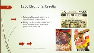 1936 Elections. Results
 Extremely high participation, in a
divided country: Two Spains
 Finally, the Popular Front won with a
small difference, and Azaña was
proclaimed President
Prof. Samuel Perrino Martínez. Liceo XXII José Martí de Varsovia
89
 