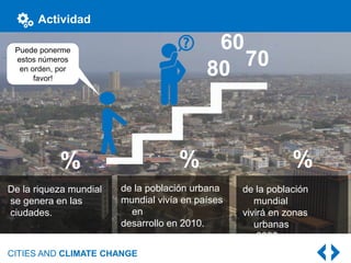 CITIES AND CLIMATE CHANGE
60
70
80
de la población urbana
mundial vivía en países
en
desarrollo en 2010.
De la riqueza mundial
se genera en las
ciudades.
Puede ponerme
estos números
en orden, por
favor!
% % %
de la población
mundial
vivirá en zonas
urbanas
en 2030.
Actividad
 