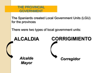 THE PROVINCIAL
     GOVERNMENT

The Spaniards created Local Government Units (LGU)
for the provinces

There were two types of local government units:


 ALCALDIA                  CORRIGIMIENTO


     Alcalde                     Corregidor
     Mayor
 