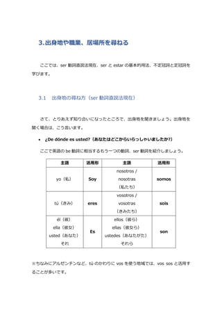 3.出身地や職業、居場所を尋ねる
ここでは、ser 動詞直説法現在、ser と estar の基本的用法、不定冠詞と定冠詞を
学びます。
3.1 出身地の尋ね方（ser 動詞直説法現在）
さて、とりあえず知り合いになったところで、出身地を聞きましょう。出身地を
聞く場合は、こう言います。
 ¿De dónde es usted?（あなたはどこからいらっしゃいましたか?）
ここで英語の be 動詞に相当するもう一つの動詞、ser 動詞を紹介しましょう。
主語 活用形 主語 活用形
yo（私） Soy
nosotros /
nosotras
（私たち）
somos
tú（きみ） eres
vosotros /
vosotras
（きみたち）
sois
él（彼）
ella（彼女）
usted（あなた）
それ
Es
ellos（彼ら）
ellas（彼女ら）
ustedes（あなたがた）
それら
son
※ちなみにアルゼンチンなど、tú のかわりに vos を使う地域では、vos sos と活用す
ることが多いです。
 