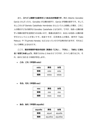 また、スペイン語圏では苗字が二つあるのが普通です。例の Alberto González
García さんだったら、González が父親の苗字で、García が母親の苗字です。そして、
もしこの人が Daniela Castañeda Hernández さんという人と結婚した場合、この二
人の間の子どもの苗字は González Castañeda となります。ですが、名前＋父親の苗
字＋母親の苗字を全部言うのは⾧いので、普通は名前だけ、あるいは名前＋父親の苗
字だけということが多いです。余談ですが、日系南米人の場合、苗字が「Sato
Matsuo」や「Fujimoto Harada」などとなっていたりする例がありますが、それはこ
ういう事情によるものです。
ここで、指示形容詞や指示代名詞（英語の「これ」、「それ」、「あれ」に当た
る）を見てみましょう。英語では this と that の 2 つですが、スペイン語ではこれ、そ
れ、あれに当たる 3 系統が存在します。
 この、これ（中性形 esto）
esto 男性 女性
単数 este esta
複数 estos estas
 その、それ（中性形 eso）
eso 男性 女性
単数 ese esa
複数 esos esas
 あの、あれ（中性形 aquello）
aquello 男性 女性
単数 aquel aquella
複数 aquellos aquellas
 
