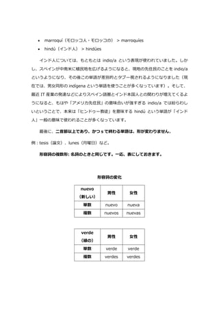  marroquí（モロッコ人・モロッコの） > marroquíes
 hindú（インド人） > hindúes
インド人については、もともとは indio/a という表現が使われていました。しか
し、スペインが中南米に植民地を広げるようになると、現地の先住民のことを indio/a
というようになり、その後この単語が差別的とタブー視されるようになりました（現
在では、男女同形の indígena という単語を使うことが多くなっています）。そして、
最近 IT 産業の発達などによりスペイン語圏とインド本国人との関わりが増えてくるよ
うになると、もはや「アメリカ先住民」の意味合いが強すぎる indio/a では紛らわし
いということで、本来は「ヒンドゥー教徒」を意味する hindú という単語が「インド
人」一般の意味で使われることが多くなっています。
最後に、二音節以上であり、かつ s で終わる単語は、形が変わりません。
例:tesis（論文）、lunes（月曜日）など。
形容詞の複数形: 名詞のときと同じです。一応、表にしておきます。
形容詞の変化
nuevo
（新しい）
男性 女性
単数 nuevo nueva
複数 nuevos nuevas
verde
（緑の）
男性 女性
単数 verde verde
複数 verdes verdes
 