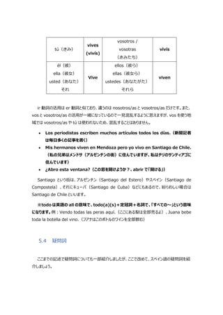 tú（きみ）
vives
(vivís)
vosotros /
vosotras
（きみたち）
vivís
él（彼）
ella（彼女）
usted（あなた）
それ
Vive
ellos（彼ら）
ellas（彼女ら）
ustedes（あなたがた）
それら
viven
ir 動詞の活用は er 動詞と似ており、違うのは nosotros/as と vosotros/as だけです。また、
vos と vosotros/as の活用が一緒になっているので一見混乱するように思えますが、vos を使う地
域では vosotros/as や tú は使われないため、混乱することはありません。
 Los periodistas escriben muchos artículos todos los días.（新聞記者
は毎日多くの記事を書く）
 Mis hermanos viven en Mendoza pero yo vivo en Santiago de Chile.
（私の兄弟はメンドサ（アルゼンチンの街）に住んでいますが、私はチリのサンティアゴに
住んでいます）
 ¿Abro esta ventana?（この窓を開けようか?、abrir で「開ける」）
Santiago という街は、アルゼンチン（Santiago del Estero）やスペイン（Santiago de
Compostela）、それにキューバ（Santiago de Cuba）などにもあるので、紛らわしい場合は
Santiago de Chile といいます。
※todo は英語の all の意味で、todo(a)(s)＋定冠詞＋名詞で、「すべての～」という意味
になります。例:Vendo todas las peras aquí.（ここにある梨は全部売るよ）、Juana bebe
toda la botella del vino.（フアナはこのボトルのワインを全部飲む）
5.4 疑問詞
ここまでの記述で疑問詞についても一部紹介しましたが、ここで改めて、スペイン語の疑問詞を紹
介しましょう。
 
