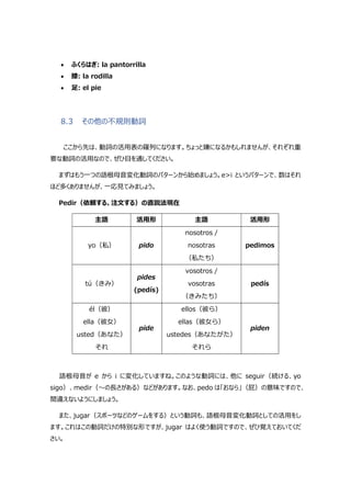  ふくらはぎ: la pantorrilla
 膝: la rodilla
 足: el pie
8.3 その他の不規則動詞
ここから先は、動詞の活用表の羅列になります。ちょっと嫌になるかもしれませんが、それぞれ重
要な動詞の活用なので、ぜひ目を通してください。
まずはもう一つの語根母音変化動詞のパターンから始めましょう。e>i というパターンで、数はそれ
ほど多くありませんが、一応見てみましょう。
Pedir（依頼する、注文する）の直説法現在
主語 活用形 主語 活用形
yo（私） pido
nosotros /
nosotras
（私たち）
pedimos
tú（きみ）
pides
(pedís)
vosotros /
vosotras
（きみたち）
pedís
él（彼）
ella（彼女）
usted（あなた）
それ
pide
ellos（彼ら）
ellas（彼女ら）
ustedes（あなたがた）
それら
piden
語根母音が e から i に変化していますね。このような動詞には、他に seguir（続ける、yo
sigo）、medir（～の⾧さがある）などがあります。なお、pedo は「おなら」（屁）の意味ですので、
間違えないようにしましょう。
また、jugar（スポーツなどのゲームをする）という動詞も、語根母音変化動詞としての活用をし
ます。これはこの動詞だけの特別な形ですが、jugar はよく使う動詞ですので、ぜひ覚えておいてくだ
さい。
 