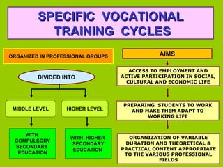 SPECIFIC  VOCATIONAL  TRAINING  CYCLES ACCESS TO EMPLOYMENT AND ACTIVE PARTICIPATION IN SOCIAL, CULTURAL AND ECONOMIC LIFE PREPARING  STUDENTS TO WORK AND MAKE THEM ADAPT TO WORKING LIFE ORGANIZATION OF VARIABLE DURATION AND THEORETICAL & PRACTICAL CONTENT APPROPRIATE TO THE VARIOUS PROFESSIONAL FIELDS DIVIDED INTO AIMS MIDDLE LEVEL HIGHER LEVEL ORGANIZED IN  PROFESSIONAL GROUPS WITH  COMPULSORY SECONDARY  EDUCATION WITH  HIGHER   SECONDARY EDUCATION  
