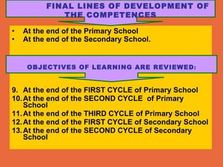At the end of the Primary School  At the end of the Secondary School.   At the end of the FIRST CYCLE of Primary School  At the end of the SECOND CYCLE  of Primary School  At the end of the THIRD CYCLE of Primary School  At the end of the FIRST CYCLE of Secondary School  At the end of the SECOND CYCLE of Secondary School FINAL LINES OF DEVELOPMENT OF THE COMPETENCES OBJECTIVES OF LEARNING ARE REVIEWED : 