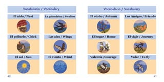 40 41
Vocabulario / Vocabulary Vocabulario / Vocabulary
El nido / Nest
El polluelo / Chick
El sol / Sun
La golondrina / Swallow
Las alas / Wings
El viento / Wind
El otoño / Autumn
El hogar / Home
Los Amigos / Friends
Volar / To fly
Valentía /Courage
El viaje / Journey
 