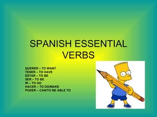 SPANISH ESSENTIAL VERBS QUERER – TO WANT TENER – TO HAVE ESTAR – TO BE SER – TO BE IR – TO GO HACER – TO DO/MAKE PODER – CAN/TO BE ABLE TO 