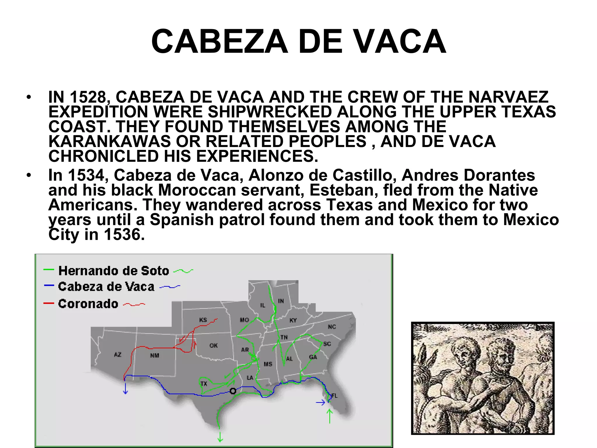 CABEZA DE VACA IN 1528, CABEZA DE VACA AND THE CREW OF THE NARVAEZ EXPEDITION WERE SHIPWRECKED ALONG THE UPPER TEXAS COAST. THEY FOUND THEMSELVES AMONG THE KARANKAWAS OR RELATED PEOPLES , AND DE VACA CHRONICLED HIS EXPERIENCES.  In 1534, Cabeza de Vaca, Alonzo de Castillo, Andres Dorantes and his black Moroccan servant, Esteban, fled from the Native Americans. They wandered across Texas and Mexico for two years until a Spanish patrol found them and took them to Mexico City in 1536.  